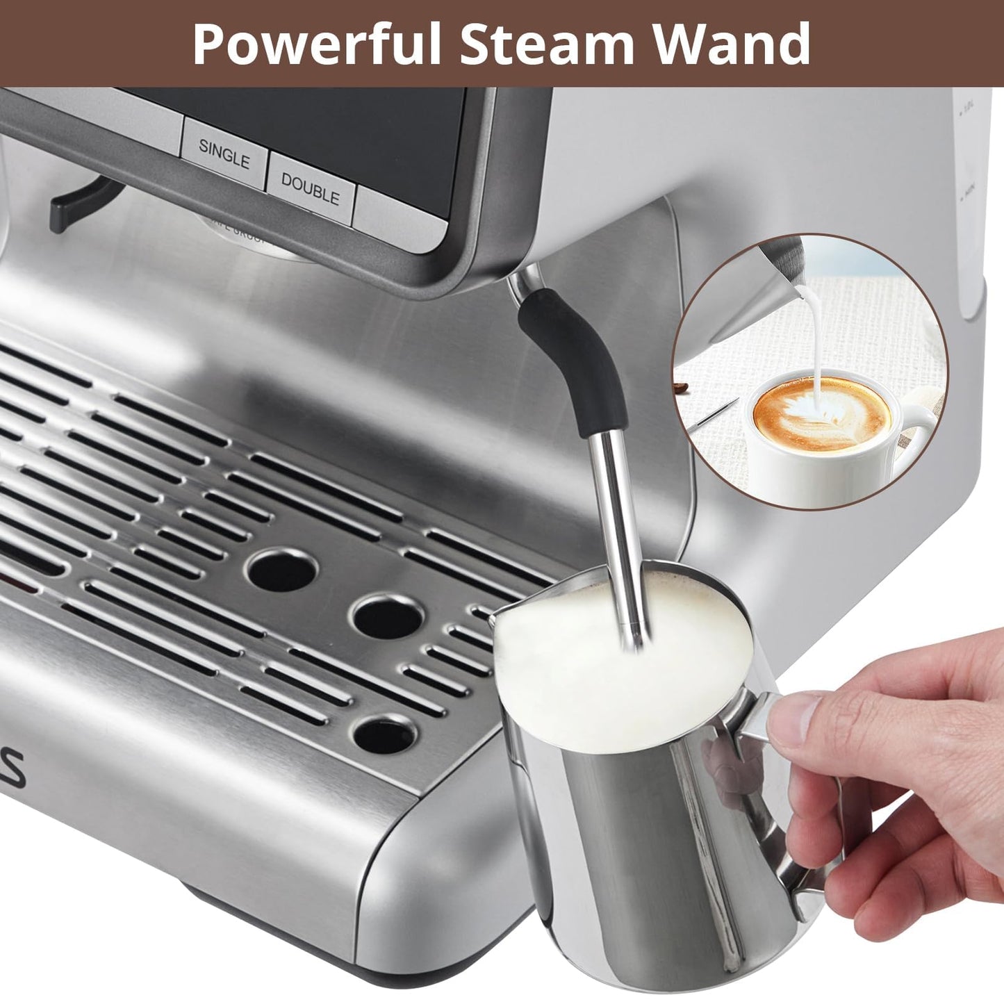Garvee Espresso Machine With Grinder, Barista Express Espresso Machine, 20 Bar Expresso Coffee Machines with Milk Frother Steam Wand, Cappuccino & Latte Machine for Home, Silver