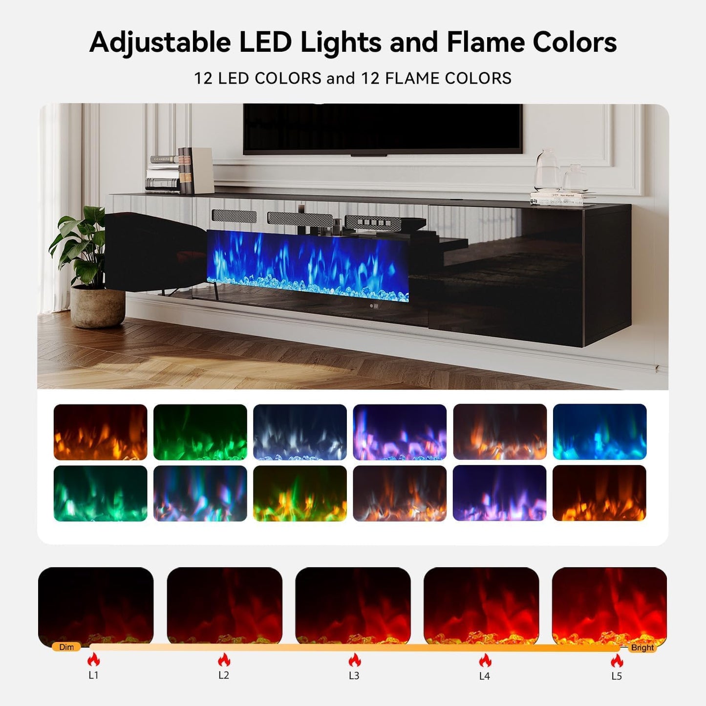MXV 70'' Floating TV Stand, Modern Media Entertainment Center with 36" Electric Fireplace, TV Console Cabinet Wall Mounted, Adjustable 12-Color LED Lights, for Living Room, Black + Black