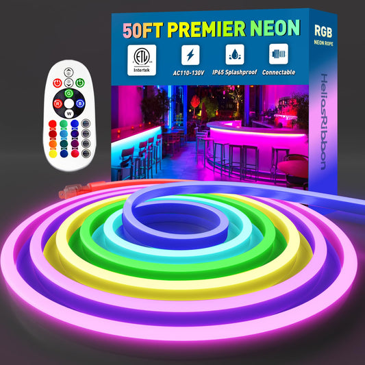 HeliosRibbon 50FT RGB LED Neon Rope Lights, Waterproof, Remote Control, IP65, Model HR-MNEON-RGB-15M