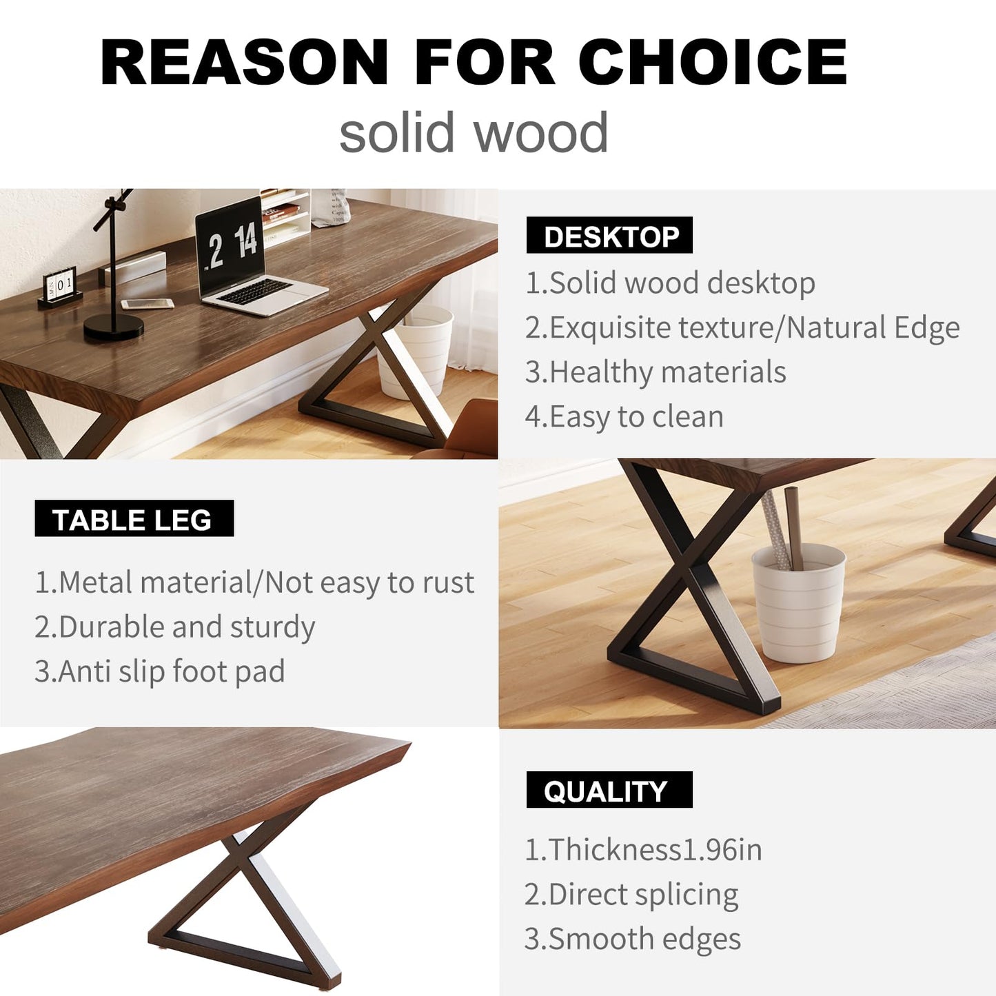 jmzx store Solid Wood Rustic Style 55.1-inch Computer Desk - Large Office Desk for Home Office (Black-b, 55 * 27.56 * 29.5)