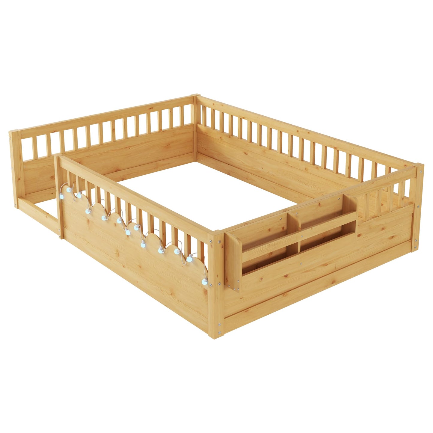 KEIKI Full Size Floor Bed w/Light & Storage, Wood Montessori Platform Bed Frame w/Safety Rails, Space Saving Kids Beds for Boys Girls Bedroom Playing Room, Easy Assembly Bedframe, Noise Free, Brown