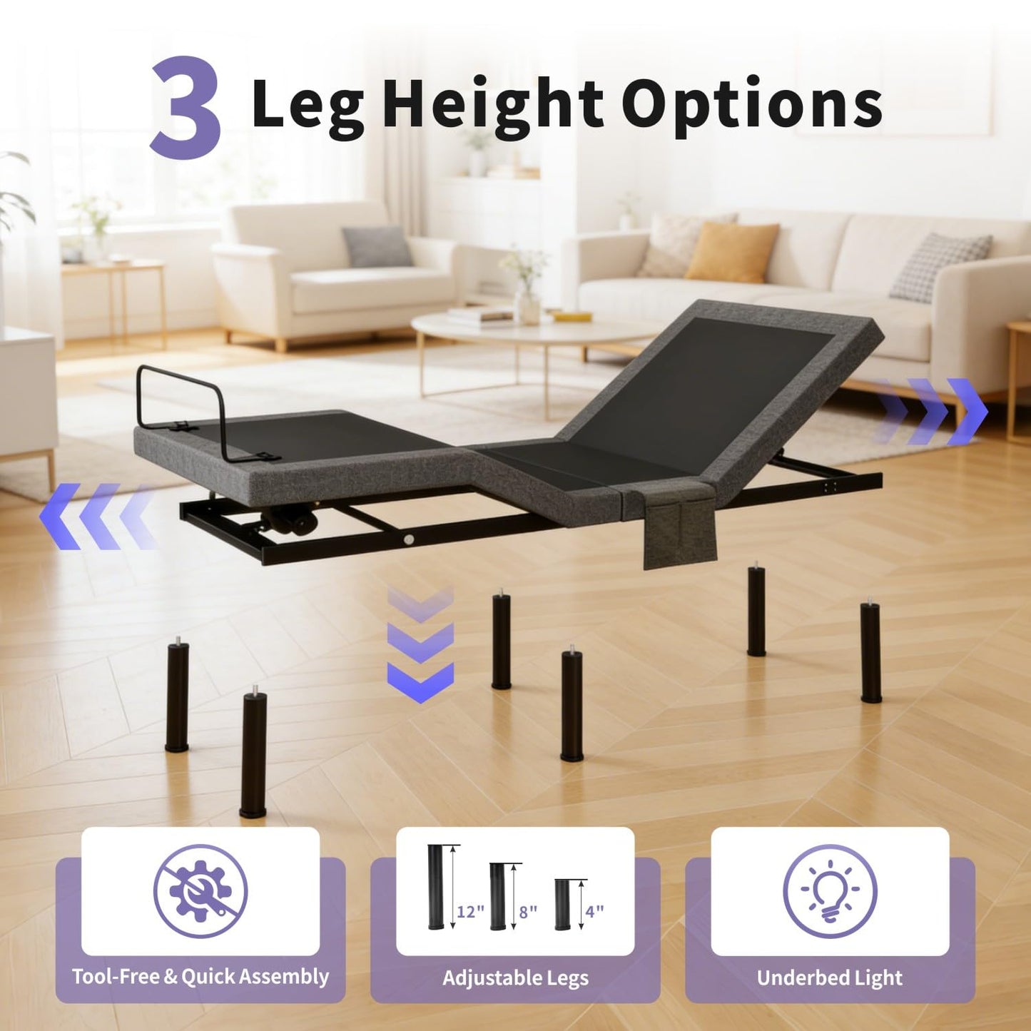 Vipbear Adjustable Bed with Mattress Queen Electric Bed Frame with Head and Foot Incline, Under Bed Light, Adjustable Legs, Zero Gravity Mode, 4 USB Ports, Wireless Remote