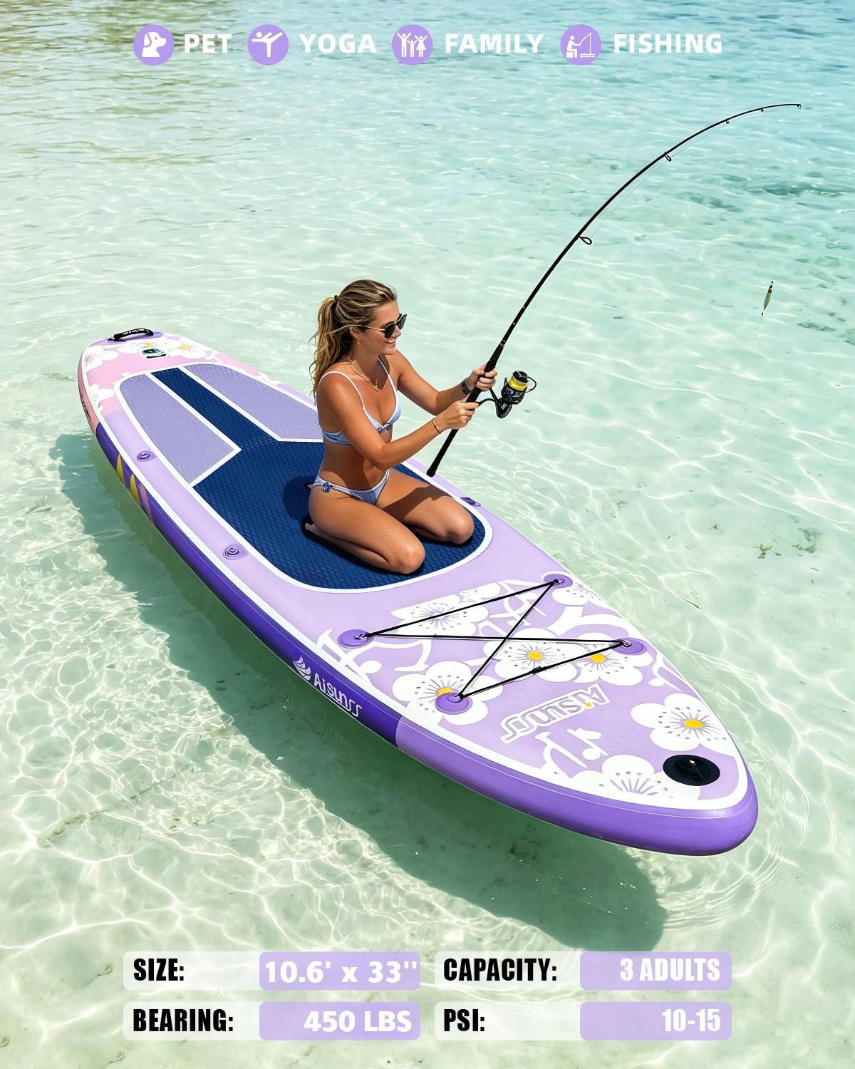 AISUNSS Inflatable Paddle Board for Adult, Paddle Board for All Skill Levels, Wide SUP Board with Primium Accessories Include SUP Carry Bag, Hand Pump, 10L Waterproof Bag (Flowers Light Purple)