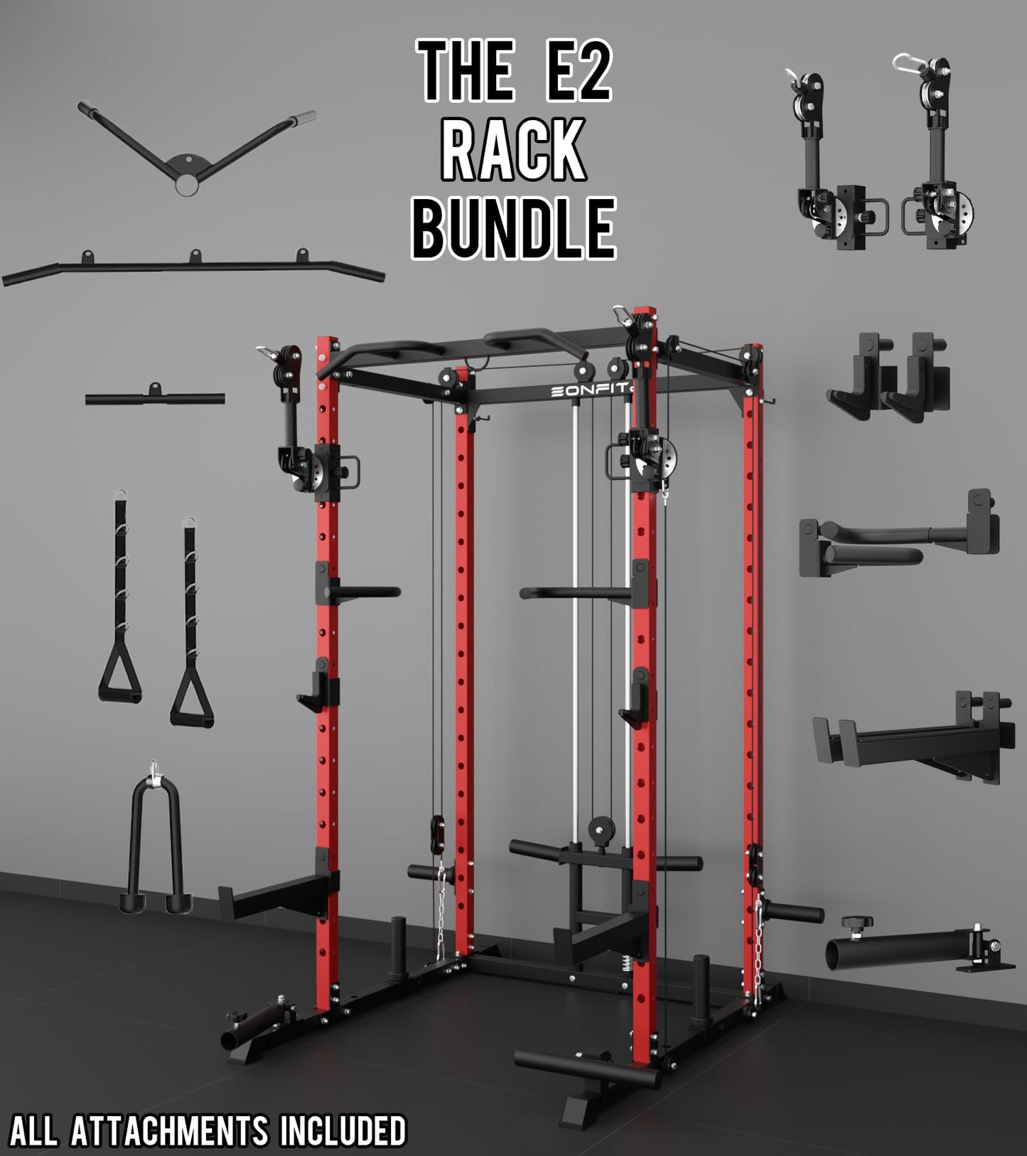 Eonfit E2 Power Cage with 3D Rotation Arms - Multi-Functional Power Rack for Home Gym. 1500lb Squat Rack for Home Gym. Pulley System for Cable Crossover & LAT Pulldown (RED, PRO)