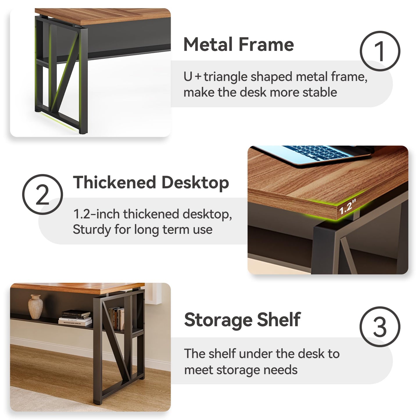 LITTLE TREE 63-Inch Executive Office Desk, Large Computer Desk with Storage Shelf, Executive Desk with Metal Frame, Study Writing Desk Work Station for Home Office, Brown + Black