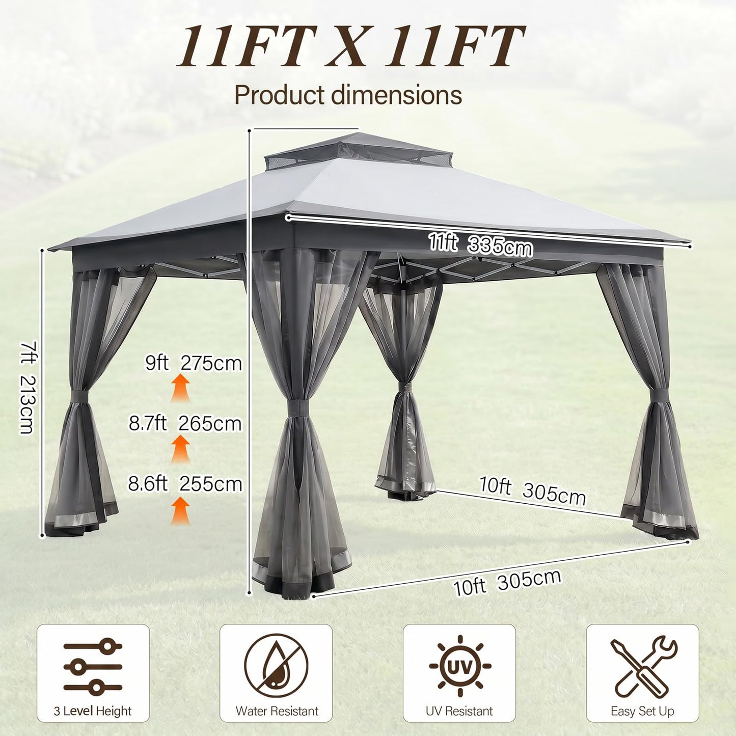 11x11 Pop Up Gazebo, Instant Waterproof Outdoor Canopy Tent with Removable Mesh Netting, UV Protection Portable Sun Shelter with Wheeled Cover Bag for Patio Backyard, Gray