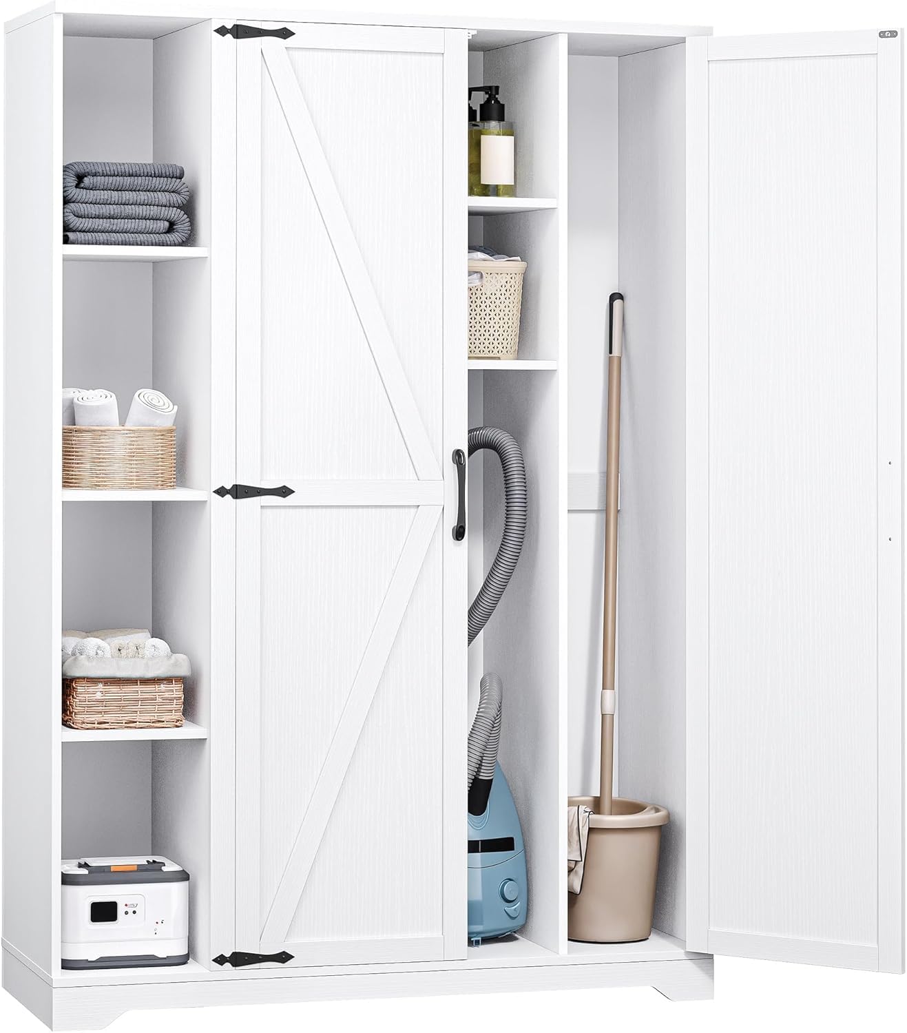 DWVO Broom Closet Storage Cabinet, Wooden Organizer for Ironing Board and Bucket Vacuum Cleaners, Double-Door Cleaning Cabinet for Laundry Rooms and Utility Spaces
