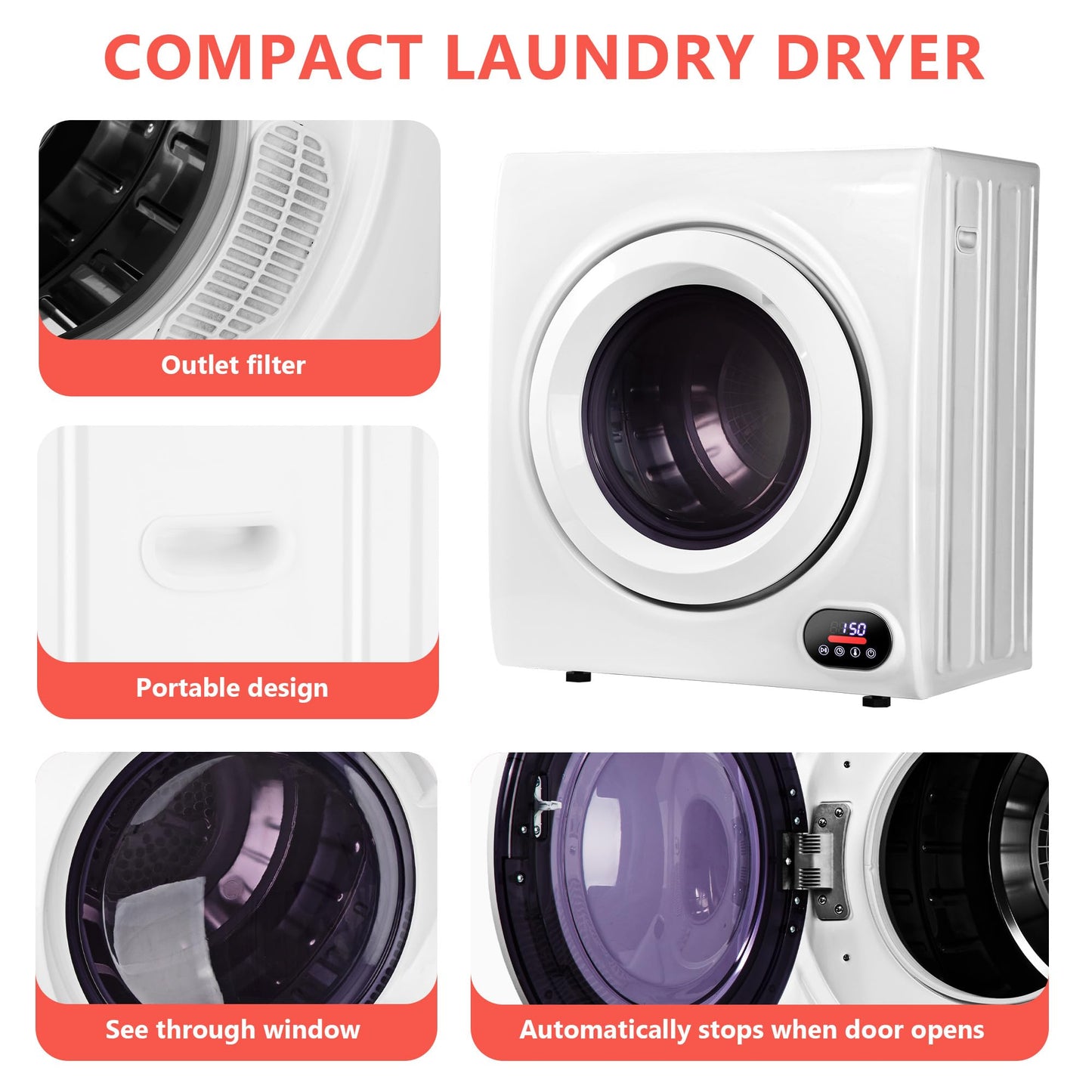 Euhomy Portable Dryer, 1400w, 2.65 Cu.Ft. Clothes Drying Machine with Exhaust Hose, Compact Dryer with Stainless Steel Drum, LCD Display, Suitable for Home, Apartment, RV
