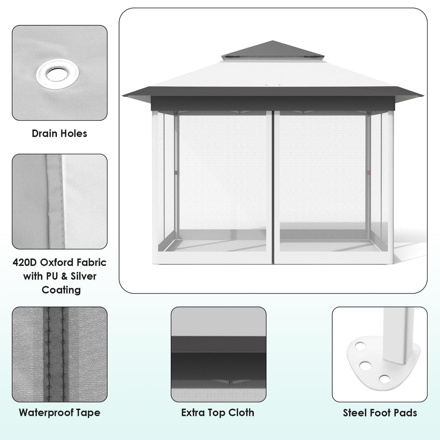 MAMIZO 13ft Pop Up Gazebo, Outdoor Instant Canopy Tent w/4 Netting Sidewall & Auto Extending Eave, Patio Gazebos Shelter w/Mesh Wall, Center Lock, Wheeled Bag for Garden, Yard (Grey, 13X13FT)