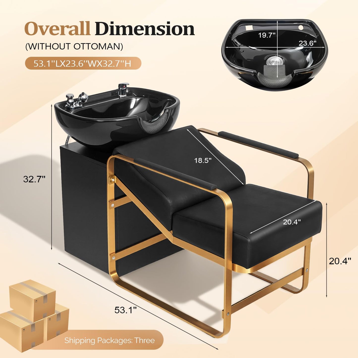 OmySalon Shampoo Chairs for Salon, Stainless Steel Frame & UPC Certified Shampoo Bowl & Footrest, Hair Washing Station, Backwash Unit for Beauty Spa Barbershop, Black and Gold