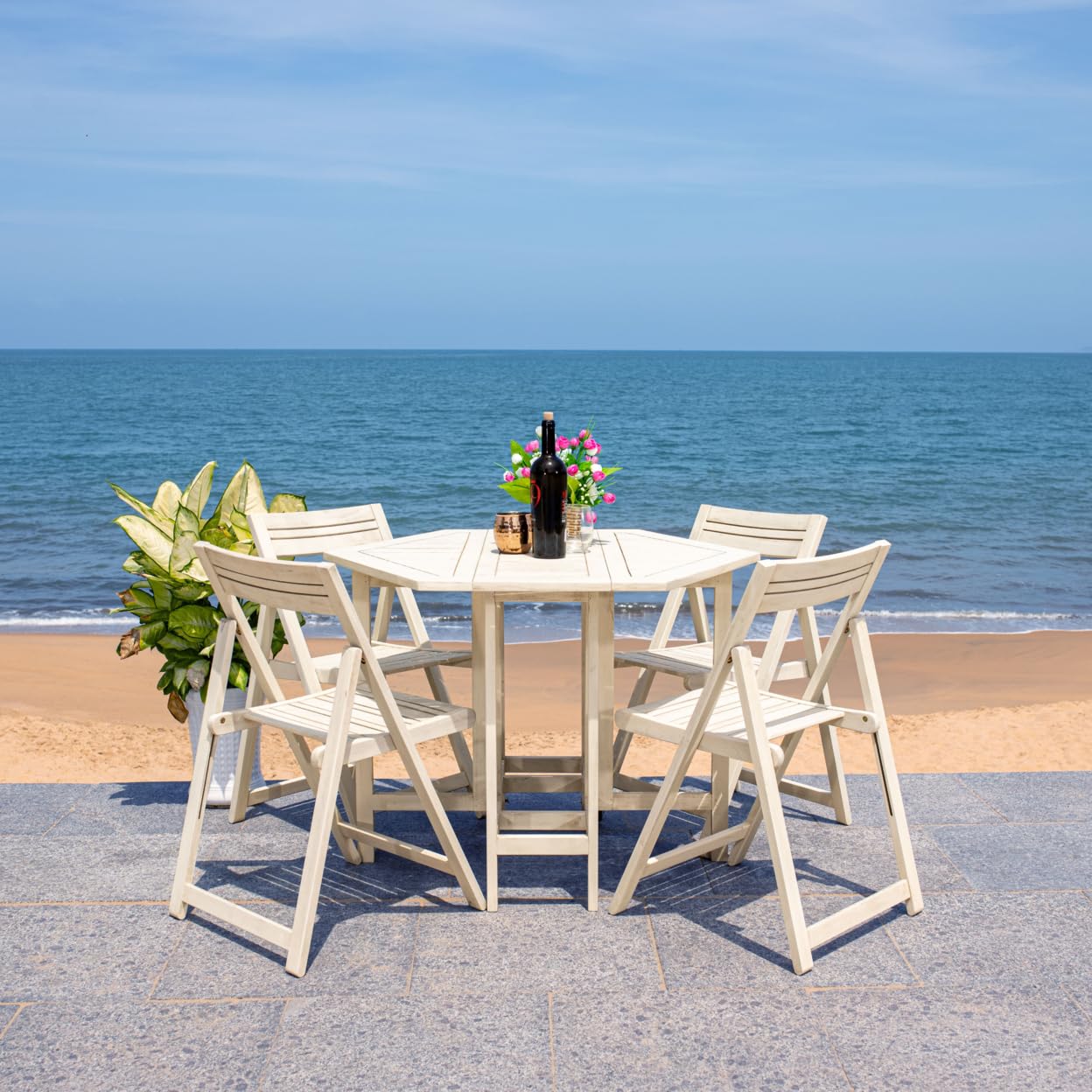 SAFAVIEH Outdoor Patio Furniture Collection Kerman White Washed Acacia Wood 5-Piece Foldable Patio Dining Set with Folding Table and 4 Director Chairs (PAT7000A)