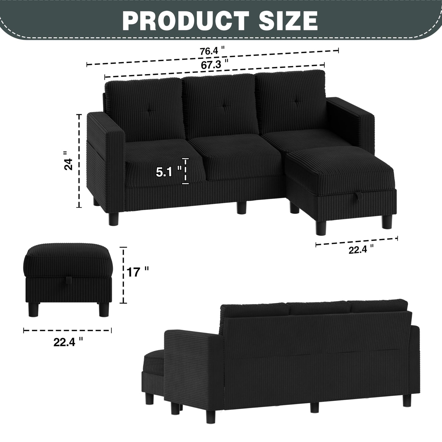 SUNLEI Convertible Sectional Couch Sofa for Small Spaces, L Shaped Modular Sofa with Removable Ottoman Storage, 3 Seat Modern Small Couches for Living Room in Apartment, Jet Black