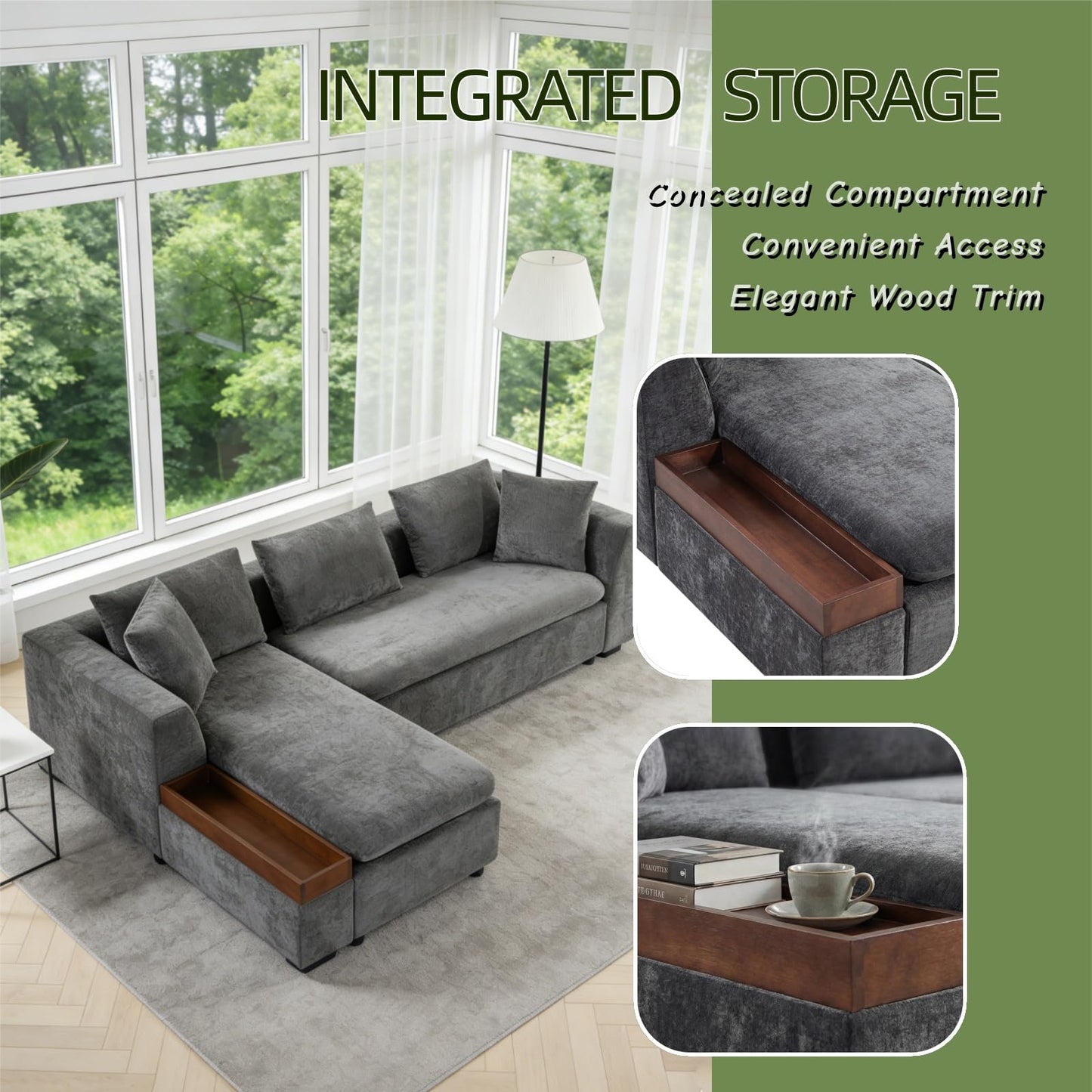 Trygoal 93.7" L-Shaped Sectional Sofa with Storage Chaise, Modern Couch for Living Room, Chenille Upholstered Couch with Deep Seats & Throw Pillows, Modern Corner Sofa for Living Room, Brown