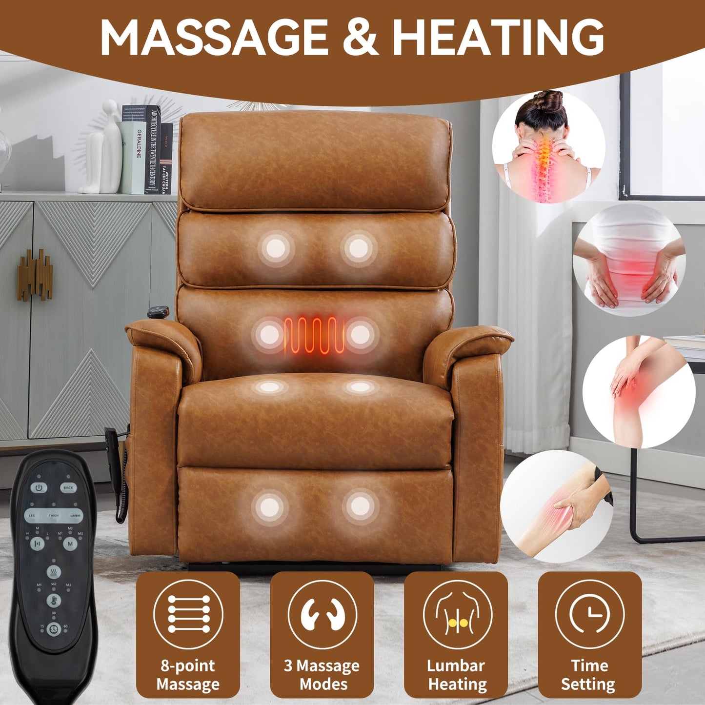 KEIKI Oversized Recliner Chair Dual Motor Power Lift Leather Recliner Chair with Heat and Massage, Infinite Position Power Reclining Simple Modern Chaise Lounge Chair Indoor, Yellow Brown