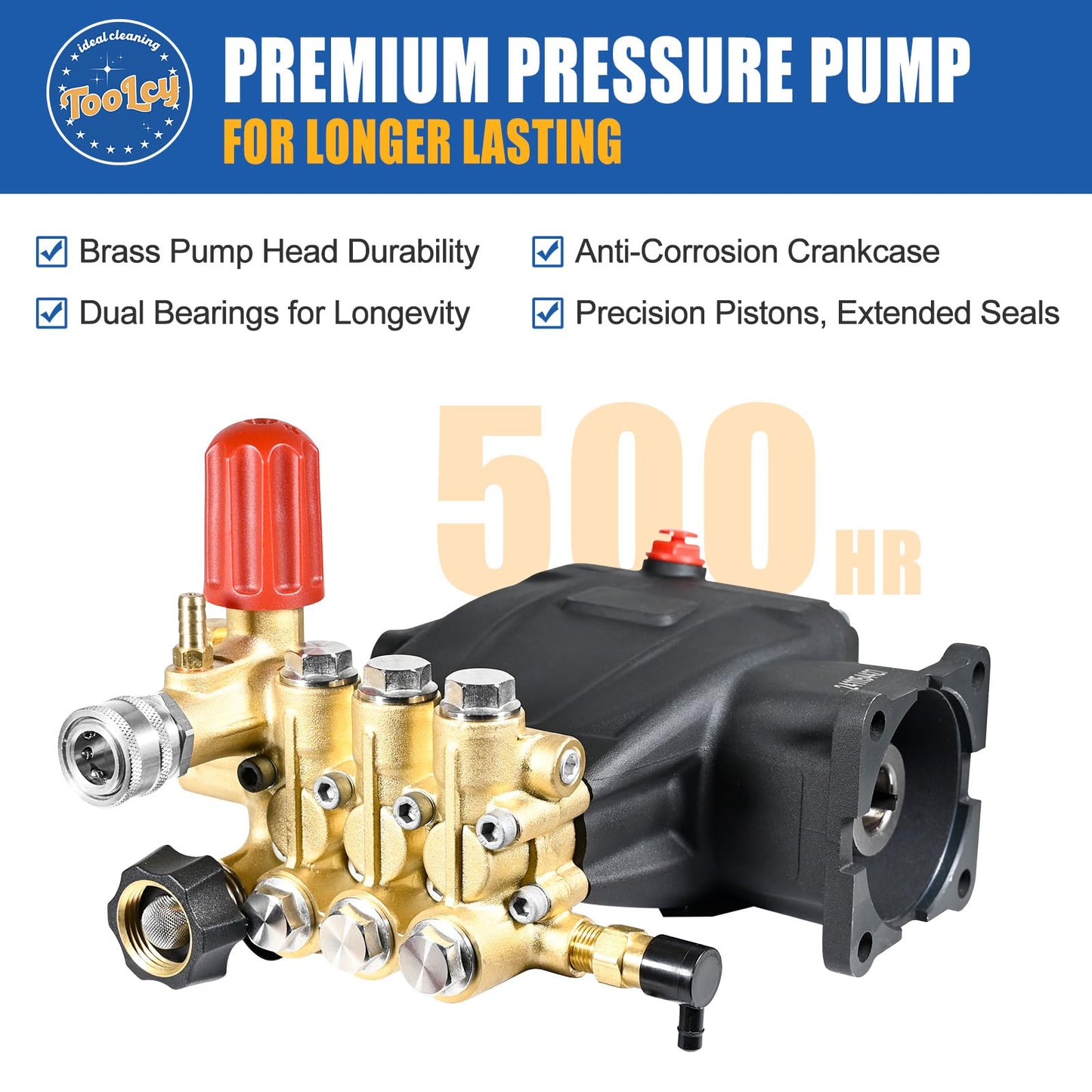 TOOLCY Pressure Washer Pump 3400 PSI Max 3.0 GPM, 3/4 Inch Shaft Horizontal Triplex Plunger Replacement, Direct Drive, with Unloader, 5 Nozzle Tips, 3/8" QC to M22-14mm Adapter