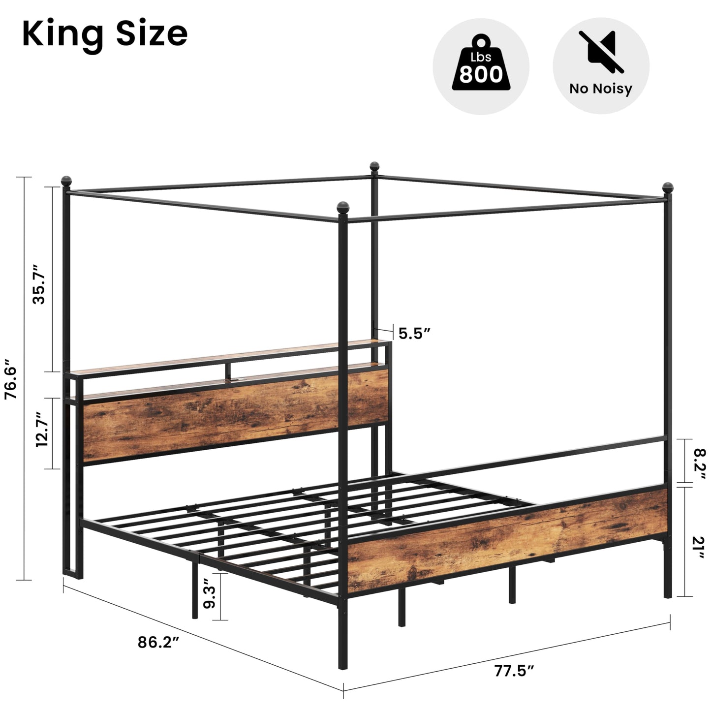 LIKIMIO Canopy Bed Frame King with Storage Headboard & Charging Station, Sturdy Metal Platform Bed with 4 Removable Posts, Dual Purpose Bed Frame, No Box Spring Needed, Noise Free
