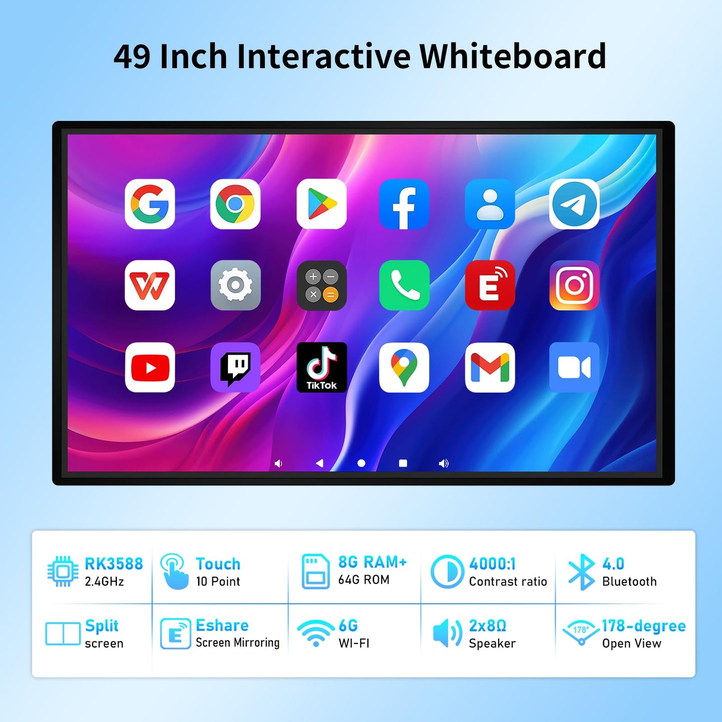 49" Smart Board, Portable Touch Screen TV, RK3588 Octa-Core Whiteboard, Android iOS 12, 10-Point IR Touchscreen, Two-Way Control, Reverse Live Streaming for Classroom Office Home (Wall Mount Include)
