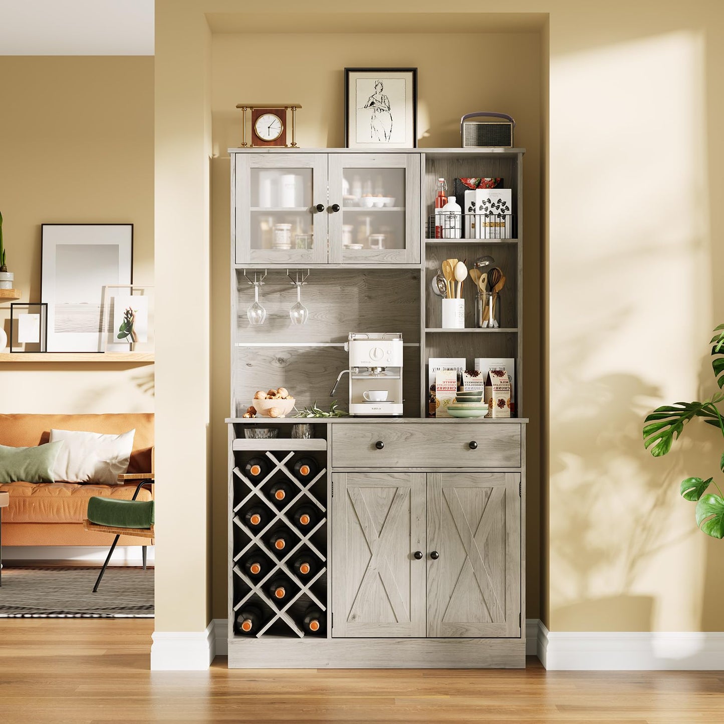 GarveeLife Tall Wine & Coffee Bar Cabinet – Modern Sideboard Buffet, Barn Doors, Storage Hutch, Power Outlets, Glass Holder, Wine Rack – for Dining Room, Kitchen, or Living Room – Grey