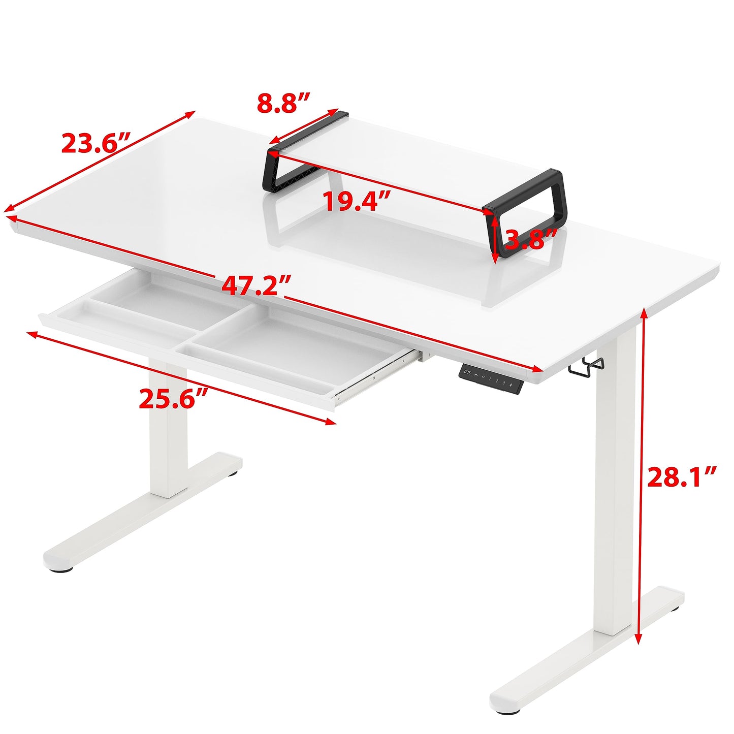 SHW 48x24 Glass Electric Height Adjustable Standing Desk – Motorized Sit Stand Desk with Monitor Riser, Pull-Out Drawer, Memory Presets, White