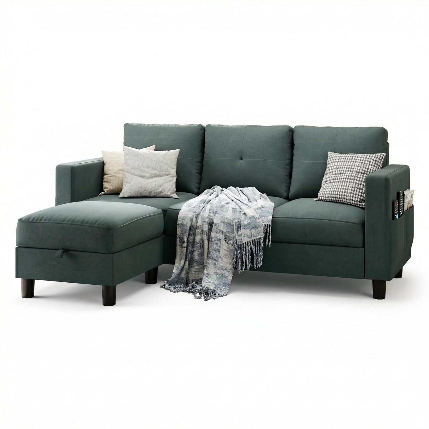 SUNLEI Convertible L-Shaped Sectional Couches for Living Room, Space-Saving 3-Seat Couch for Small Apartments & Living Rooms, Linen Fabric, Dark Grey