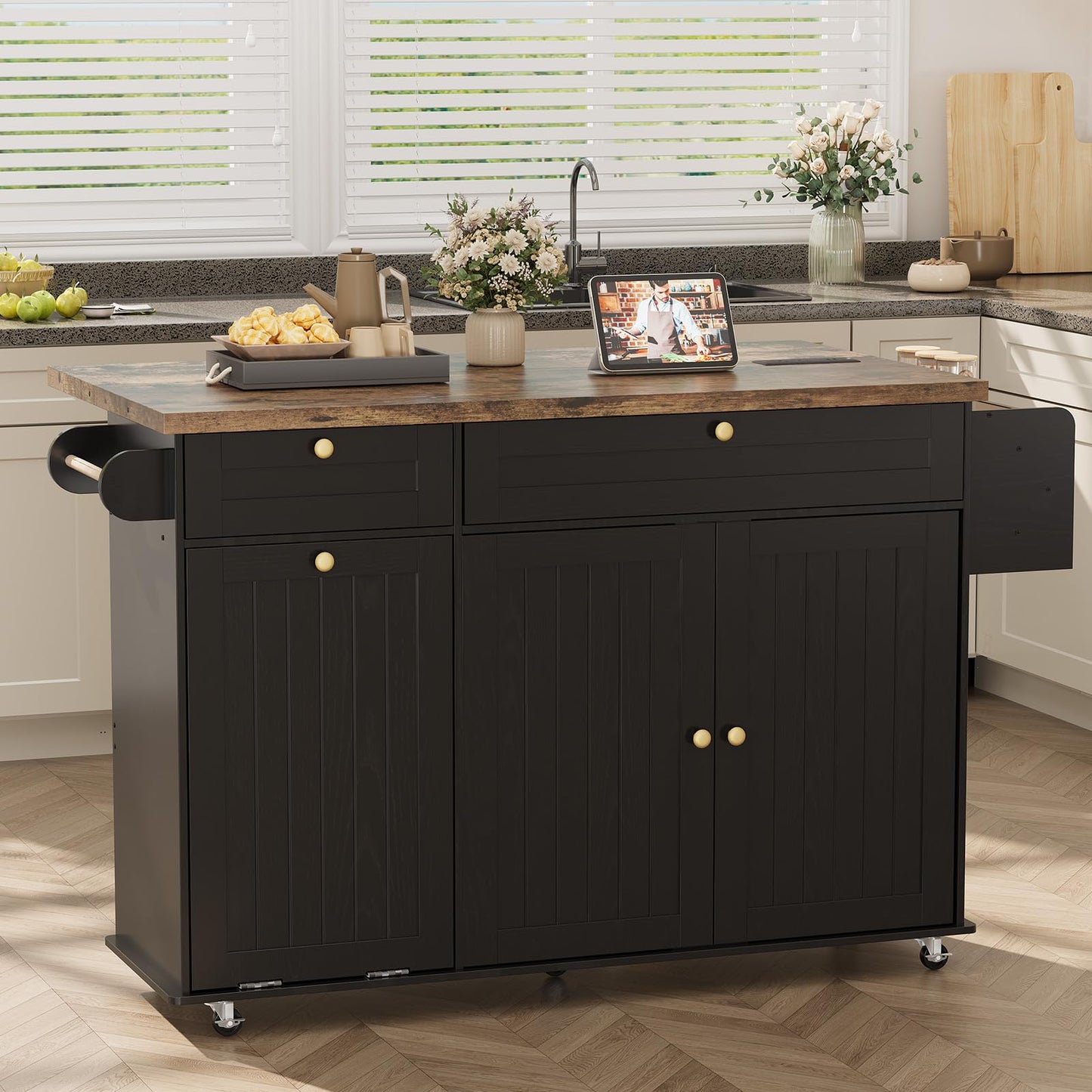 ComfyCorner 60" Rolling Large Kitchen Island on Wheels with Extendable Table, Drop Leaf & Power Outlet, Mobile Kitchen Cart with Storage Cabinet, 2 Drawers, Spice Rack, Towel & Knife Holder, Black