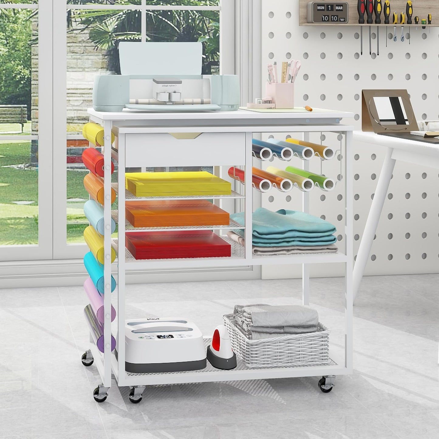 PUNCIA Heat Press Stand with 360°Rotating Craft Cart Table Compatible with Cricut Machine Rolling Organization and Storage with Vinyl Roll Holder Crafting Workstation for Craft Room Home Office