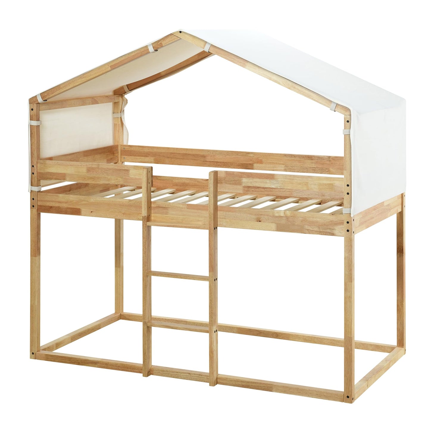 Merax Twin Over Twin Bunk Bed Wood Frame with Beige Cotton Tent,House-Shaped for Kids Toddlers Teens Girls Boys,Natural