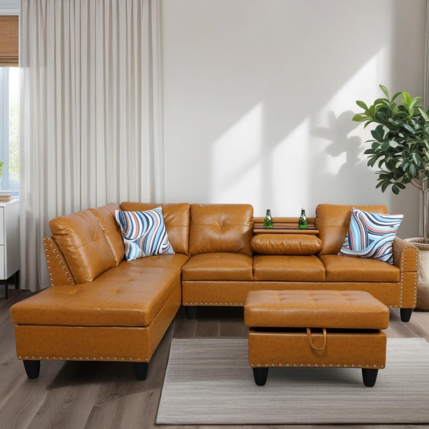 Trygoal L Shaped Couches for Living Room, Leather Sectional Couch Living Room Furniture with Storage Ottoman, Modular Sectional Sofa with Movable Chaise for Apartment Office, Ginger