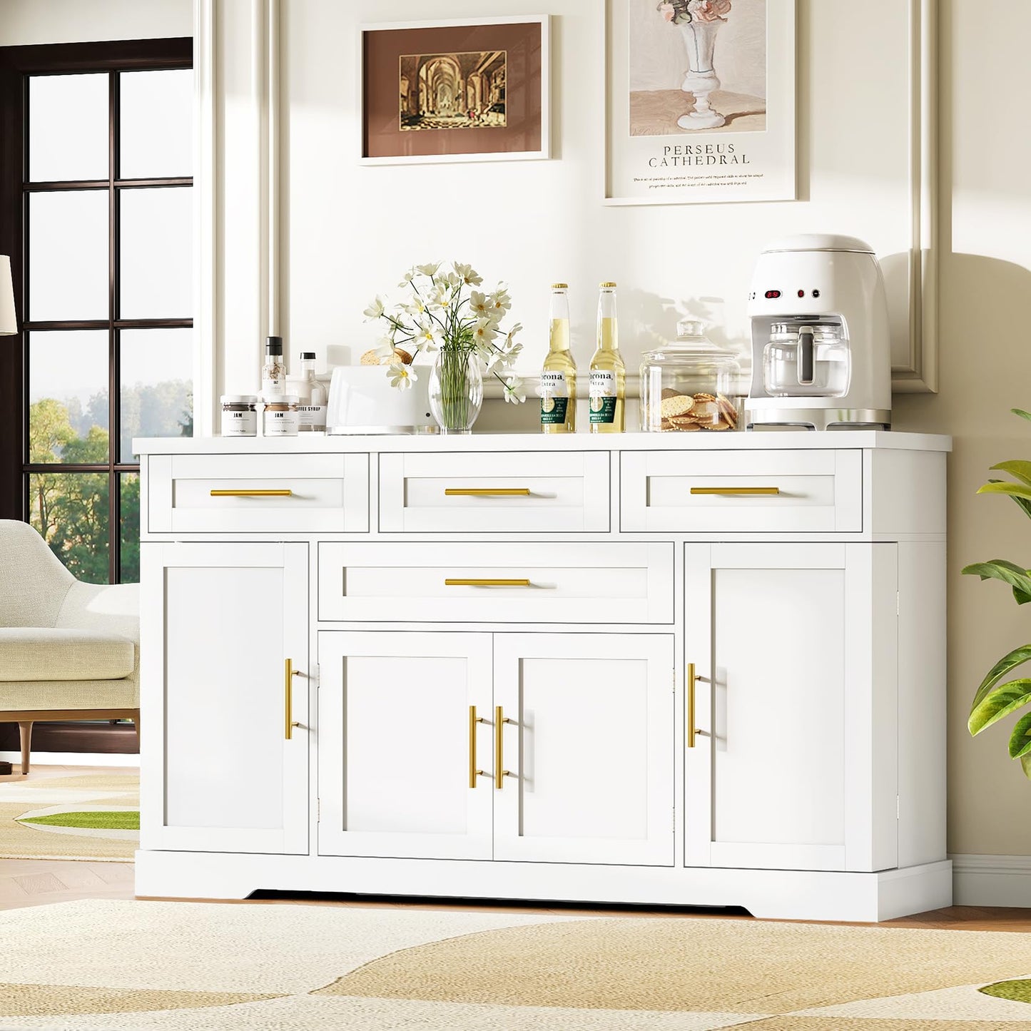 54" Storage Buffet Cabinet, Sideboards with Doors and Shelves, Small Coffee Bar Cabinet with 4 Drawers, Modern Kitchen Storage Cabinet for Living Room, White