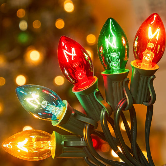 Minetom C7 Multicolor Christmas String Lights - 100ft Outdoor Vintage Lights with 100+4 Spare Bulbs, Green Wire
