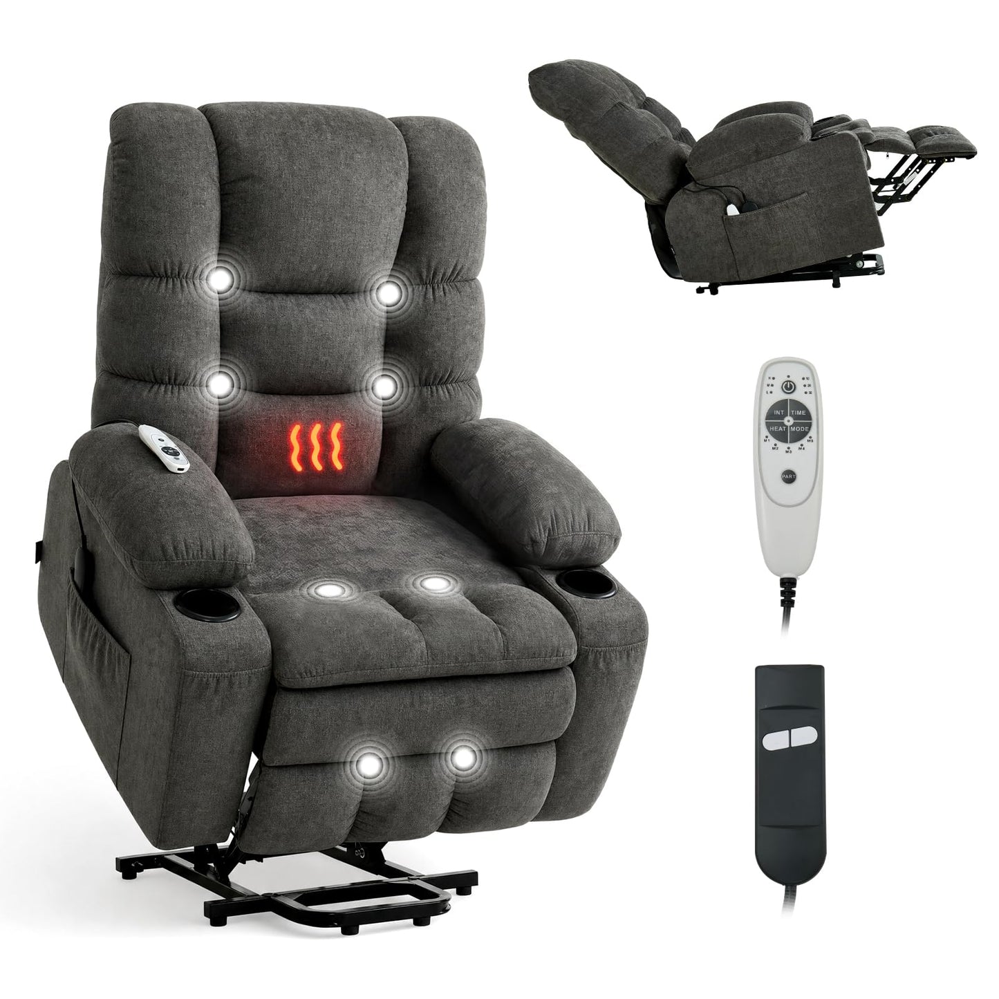 VEVOR Large Power Lift Recliner Chairs, Lift Chair with Heat and Massage for Elderly, Position Adjustable, with Side Pockets, Cup Holders and USB Port, Chenille Fabric, Dark Gray