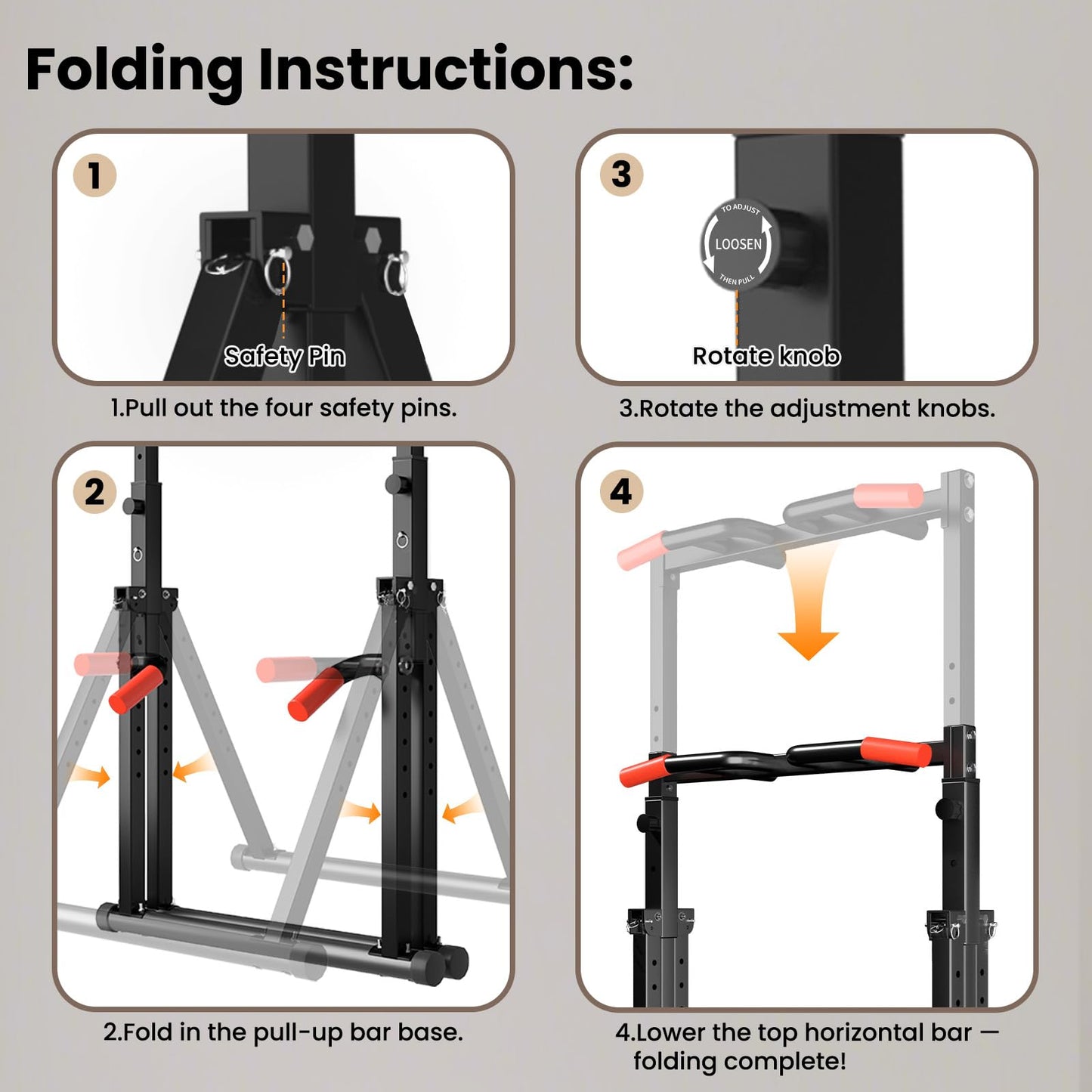 WATBKHE Foldable Power Tower Pull Up Bar Dip Station, Pull Up Bar Standing for Home Gym Adjustable Height, Multi-Functional Workout Equipment Strength Training Machine, Support 460LBS