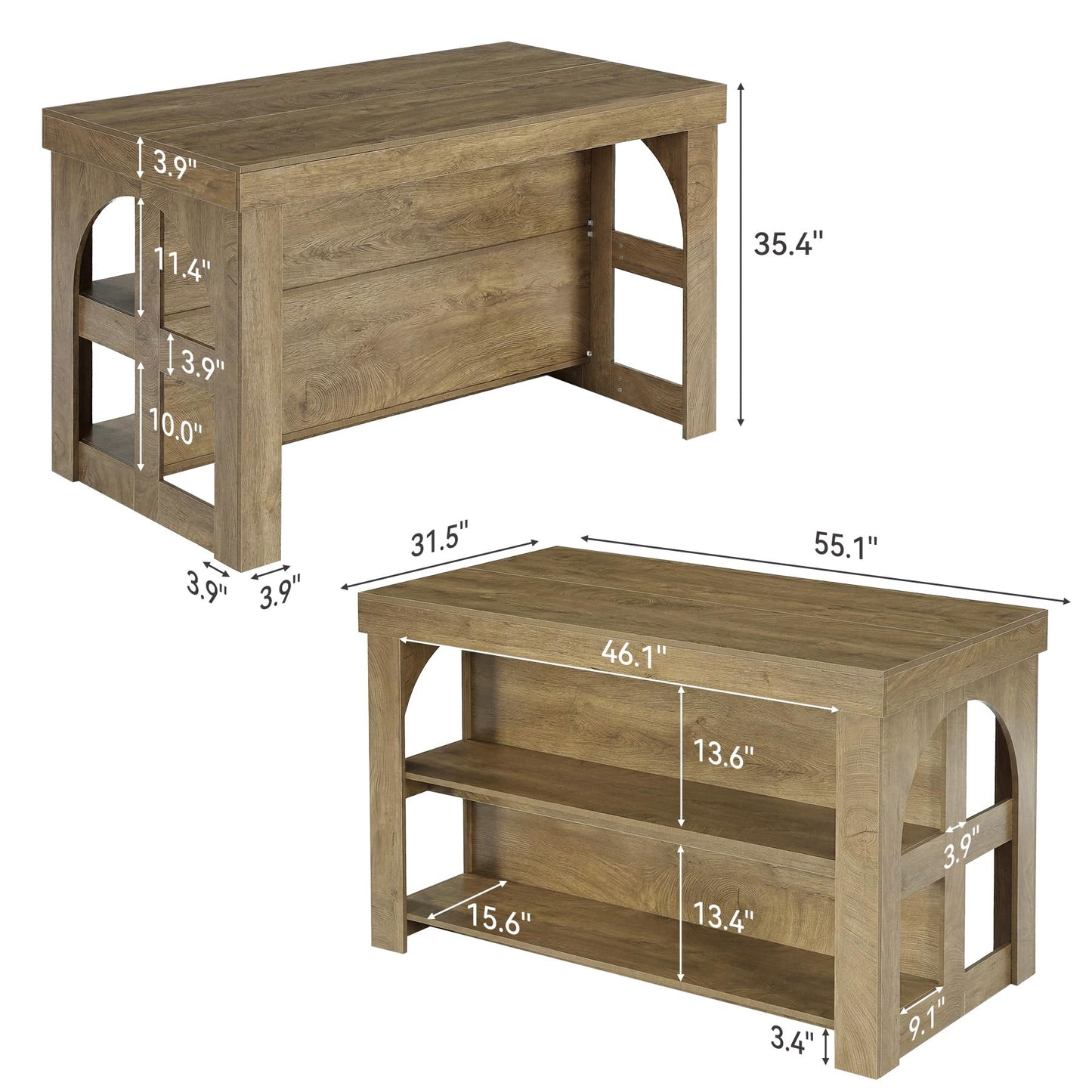 LITTLE TREE Kitchen Island with Storage, 55-Inch Large Stationary Center Island with Seating Space & 3 Shelves, Farmhouse Wooden Bar Table for Kitchen, Rustic Brown