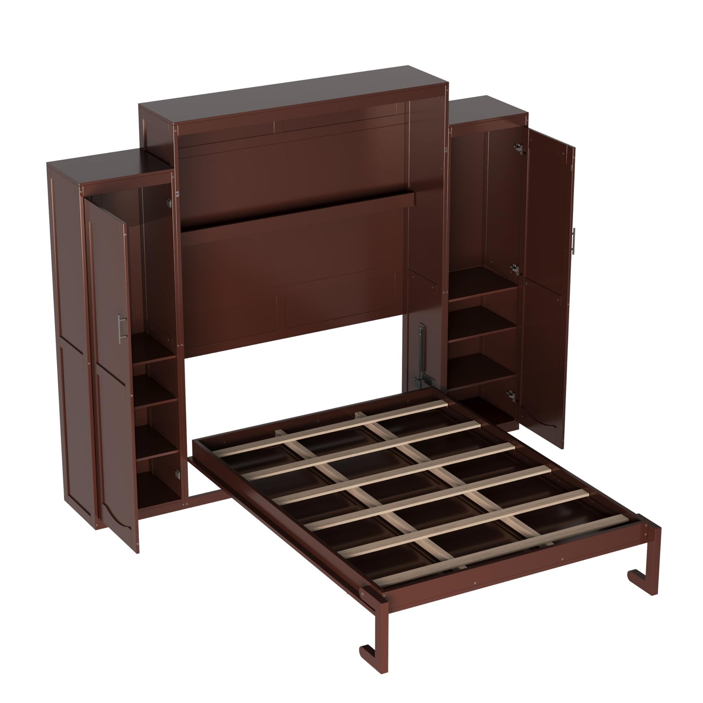 Merax Queen Size Wood Murphy Bed, with 2 Wardrobe and Storage Shelf, Multifunctional Foldable Wall Platform Bedframe for Guest-Room, Bedroom, Walnut