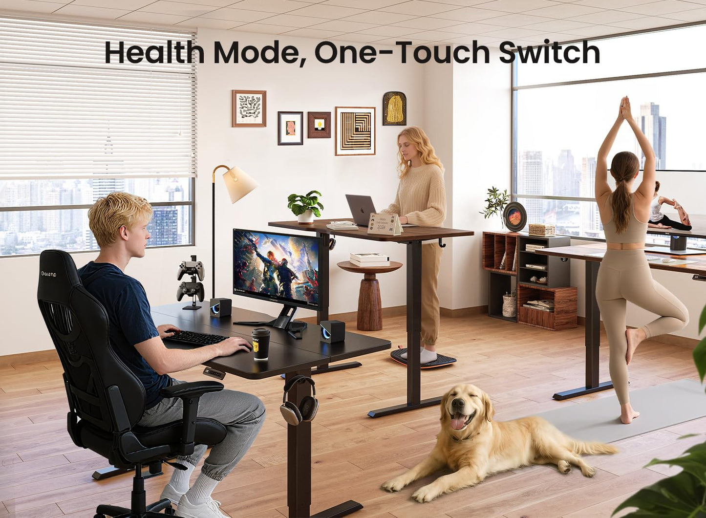 BANTI 55 × 28 Inches Standing Desk, Ergonomic, Electric Height Adjustable, Sit and Stand Up, Computer Desk with a Deeper Desktop, Black Frame/Black Top