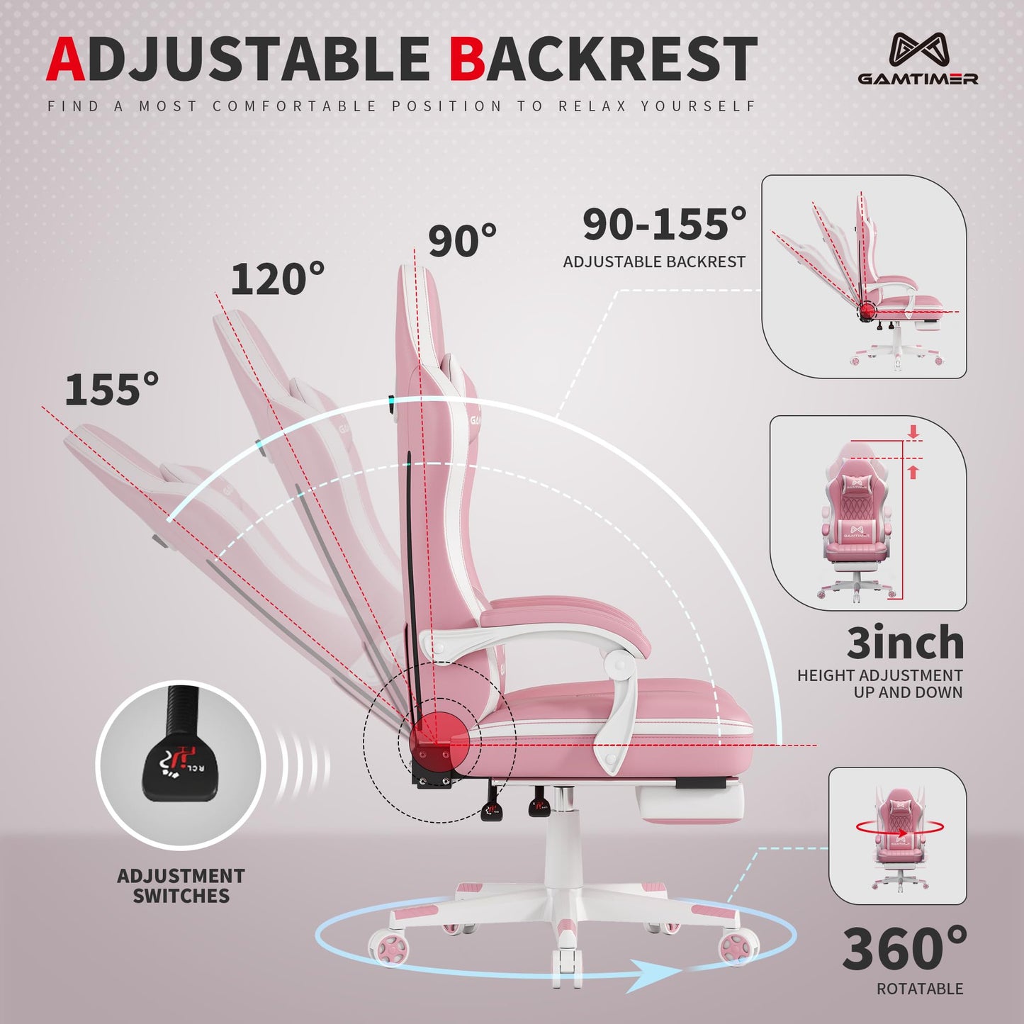 Gamtimer Gaming Chair with Footrest, Ergonomic Computer Chair, PU Breathable Material with Headrest and Lumbar Support, Suitable for Silla Gamer and Adults(Pink)