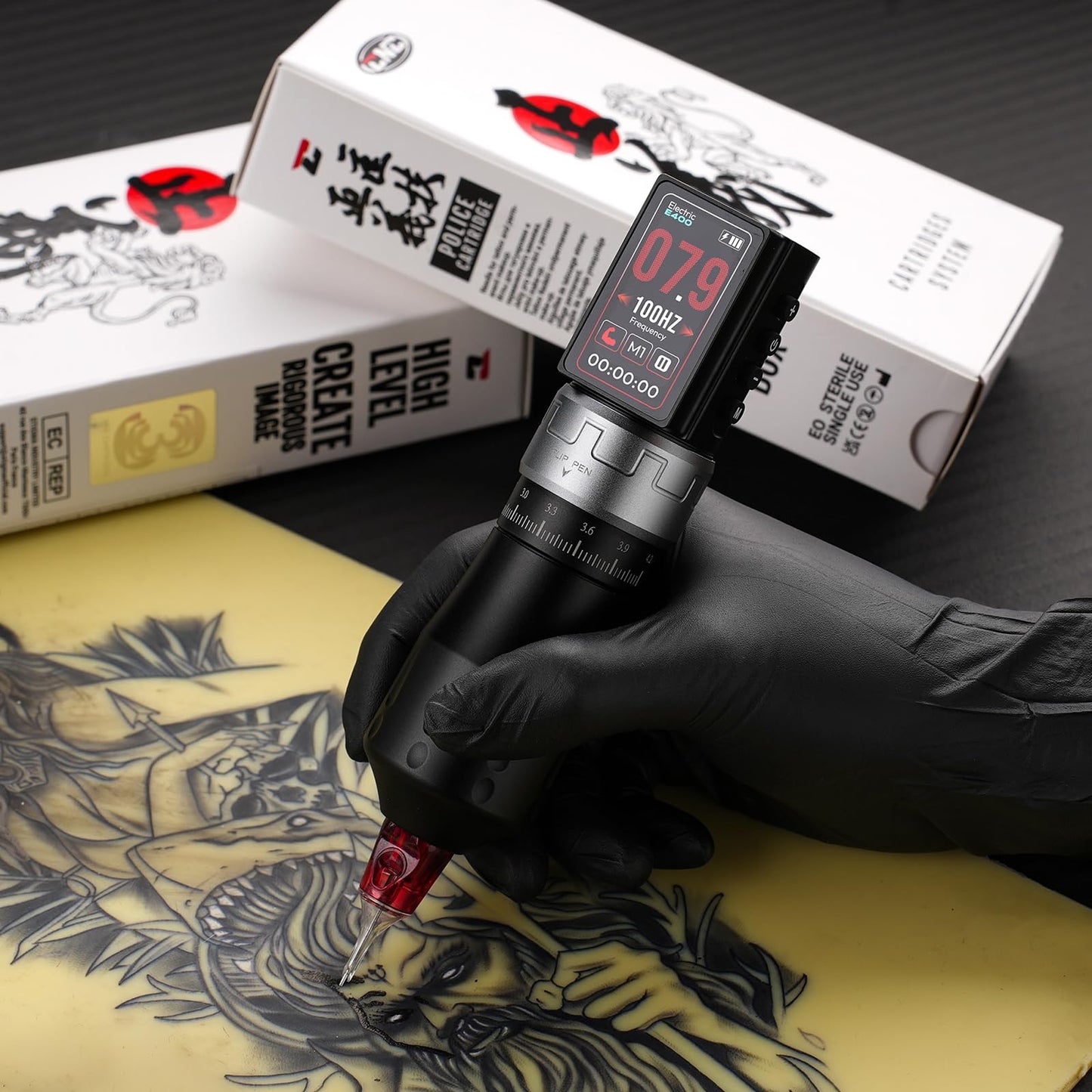 CNC Wireless Tattoo Machine with 3600mAh Dual Batteries Adjustable 7 Strokes 2.4-4.2mm Rotary Pen LED Display Brushless Motor Tattoo Gun for Tattoo Artists Supply Black CNC-M2-E400-1