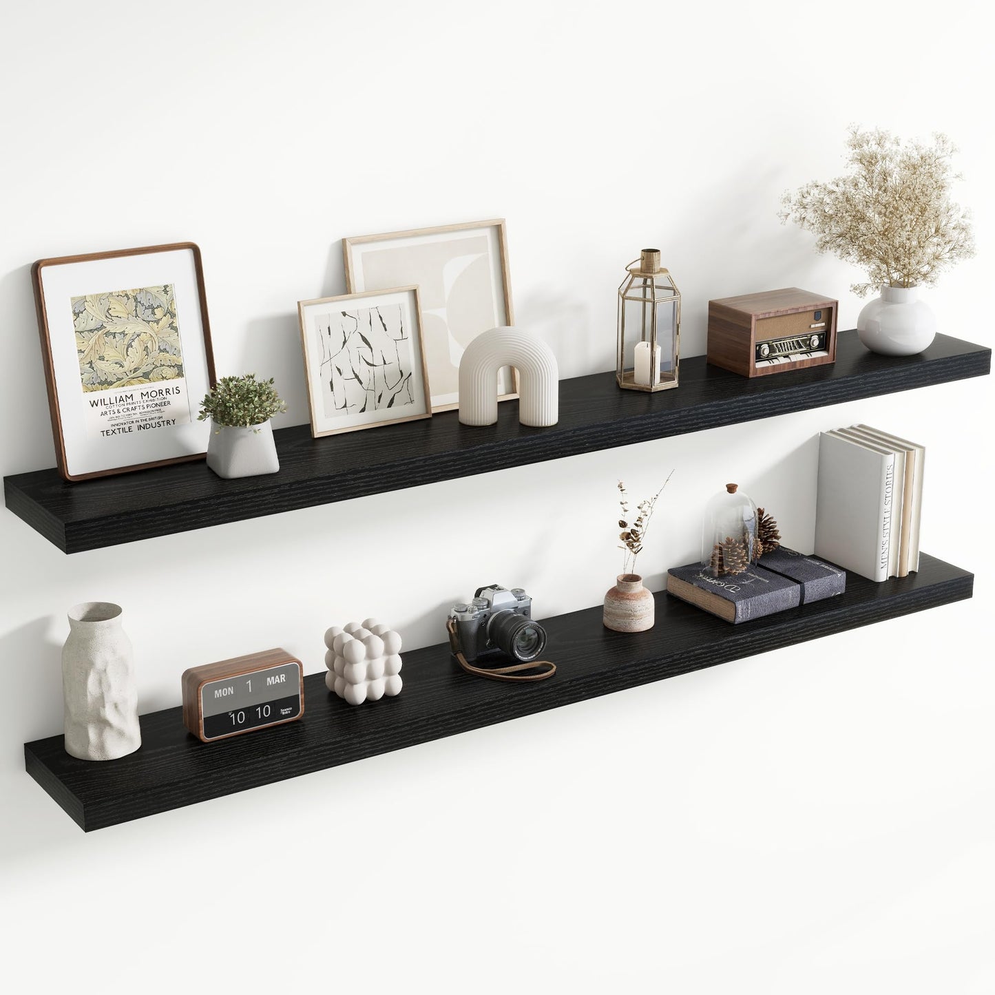 72 Inch Floating Shelves for Wall, 8 Inch Deep Floating Shelf for Storage & Display, Rustic Wall Mounted Shelf with Invisible Brackets for Living Room, Kitchen, Bathroom, Home Decor, Set of 2, Black