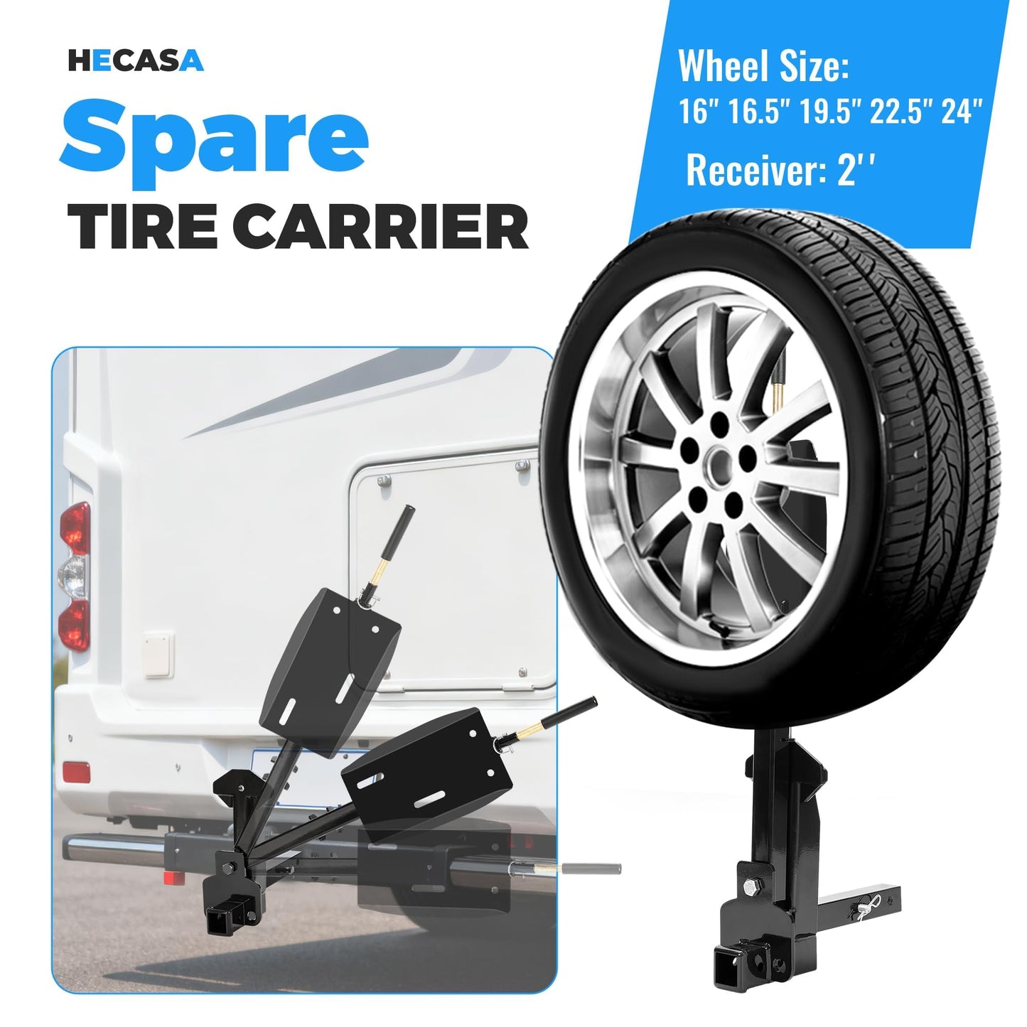 HECASA RV Spare Tire Mount Carrier Fit for 16" 16.5" 19.5" 22.5" 24" RV Wheels Dually Wheels 2" Receiver Mount, 10,000 Pounds Capacity, 400 Pounds Tongue Weight Steel Powder Coated Black
