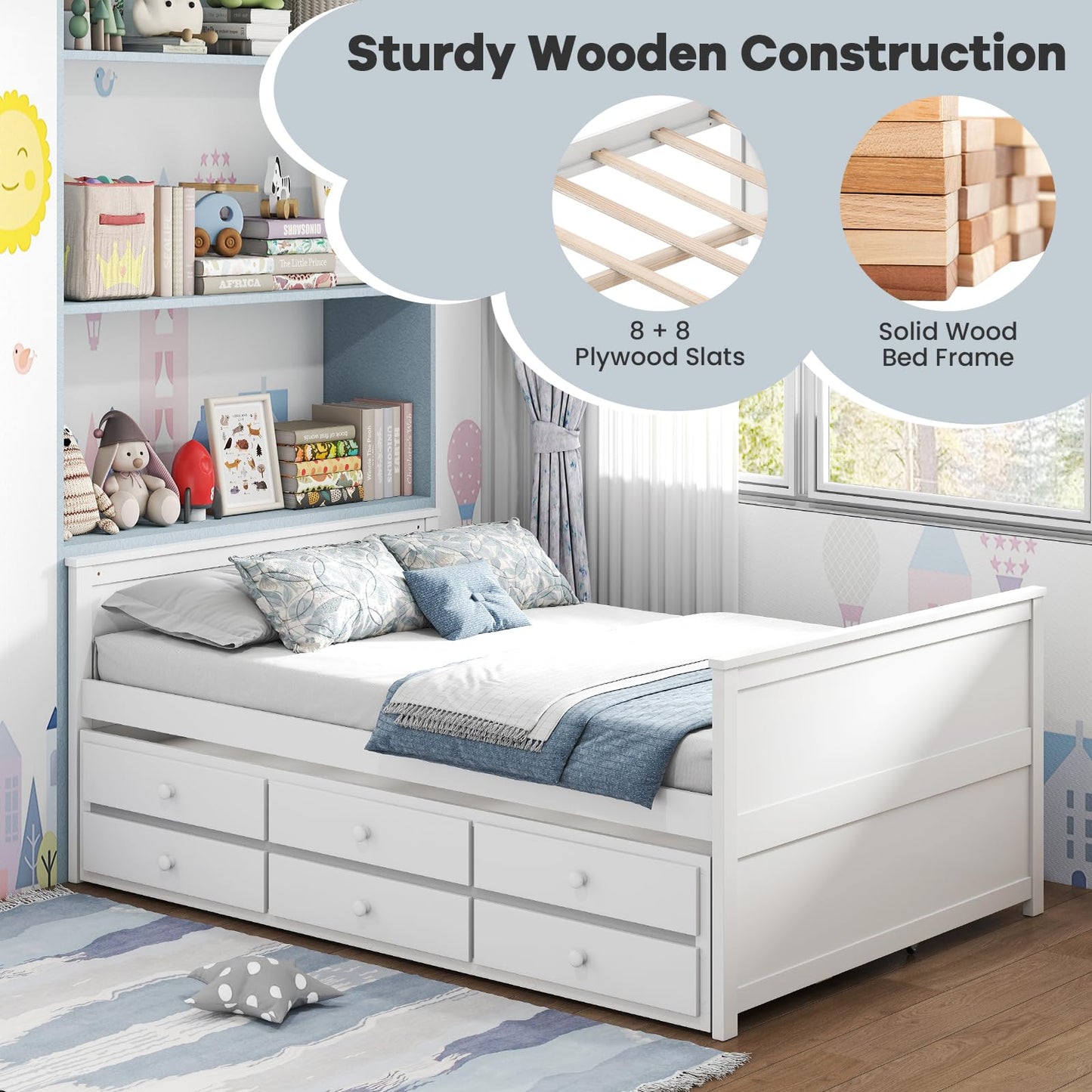Giantex Full Size Bed Frame with Twin Trundle & 3 Storage Drawers, Modern Platform Bed with Headboard & Footboard, Wooden Slats Support Captain Bed for Teens Adults, No Box Spring Needed, White
