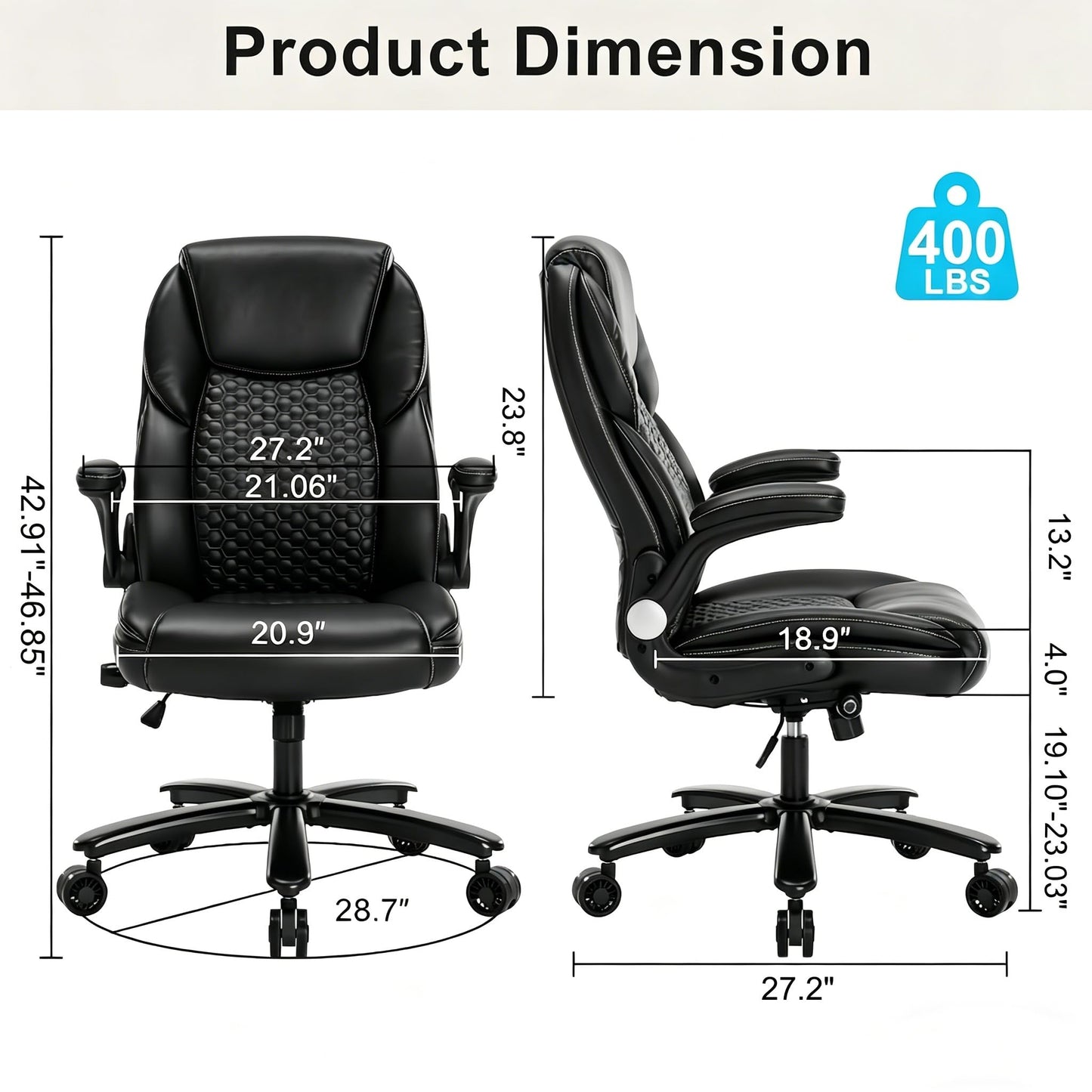ZLHECTO® Big and Tall Executive Office Chair, PU Leather Swivel Desk Chair with Flip-up Arms, Adjustable Lumbar Support, Space-Saving Height Adjustable Rolling Computer Chair for Home & Office Use