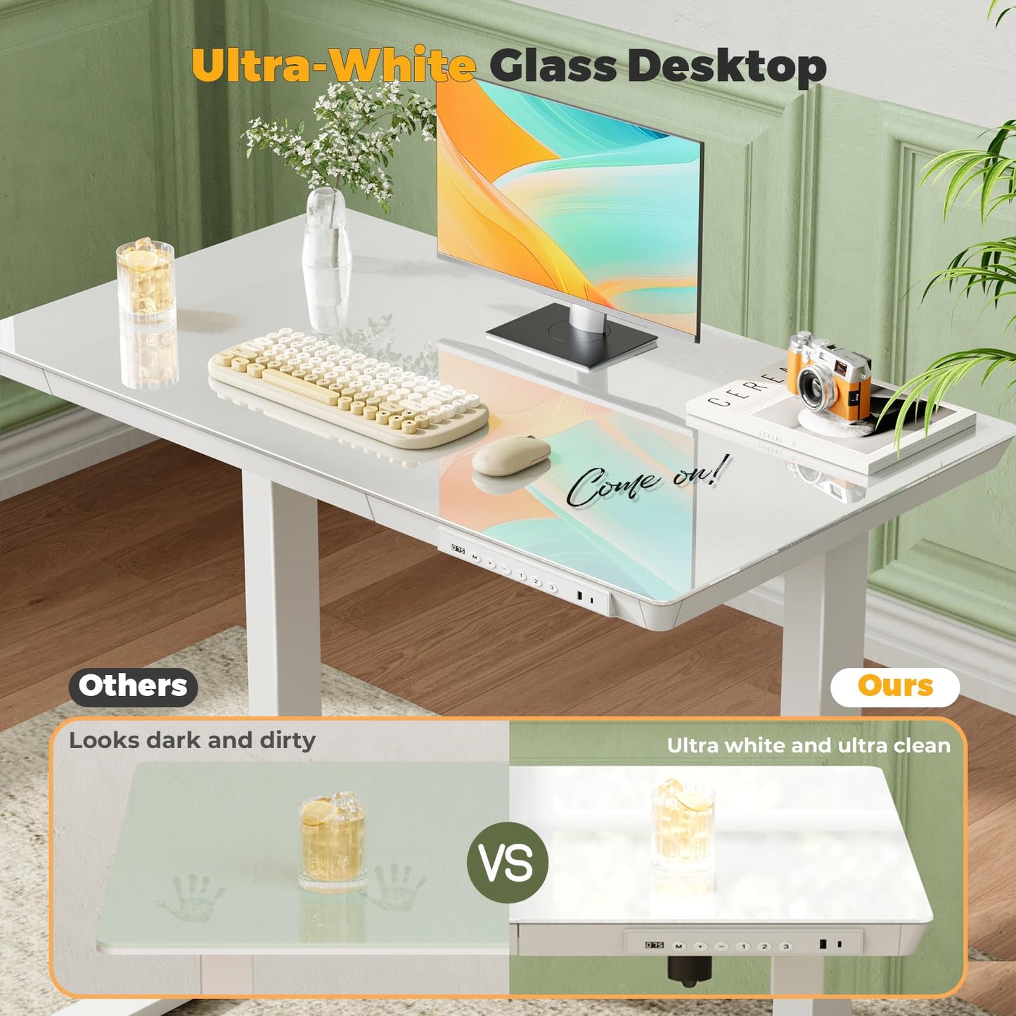 JYLH JOYSEEKER Glass Electric Standing Desk with Drawer, 35" x 20" Whole Piece Small Sit Stand Table, Height Adjustable Desk with Storage & USB Ports, Quick Install Home Office Computer Desk, White