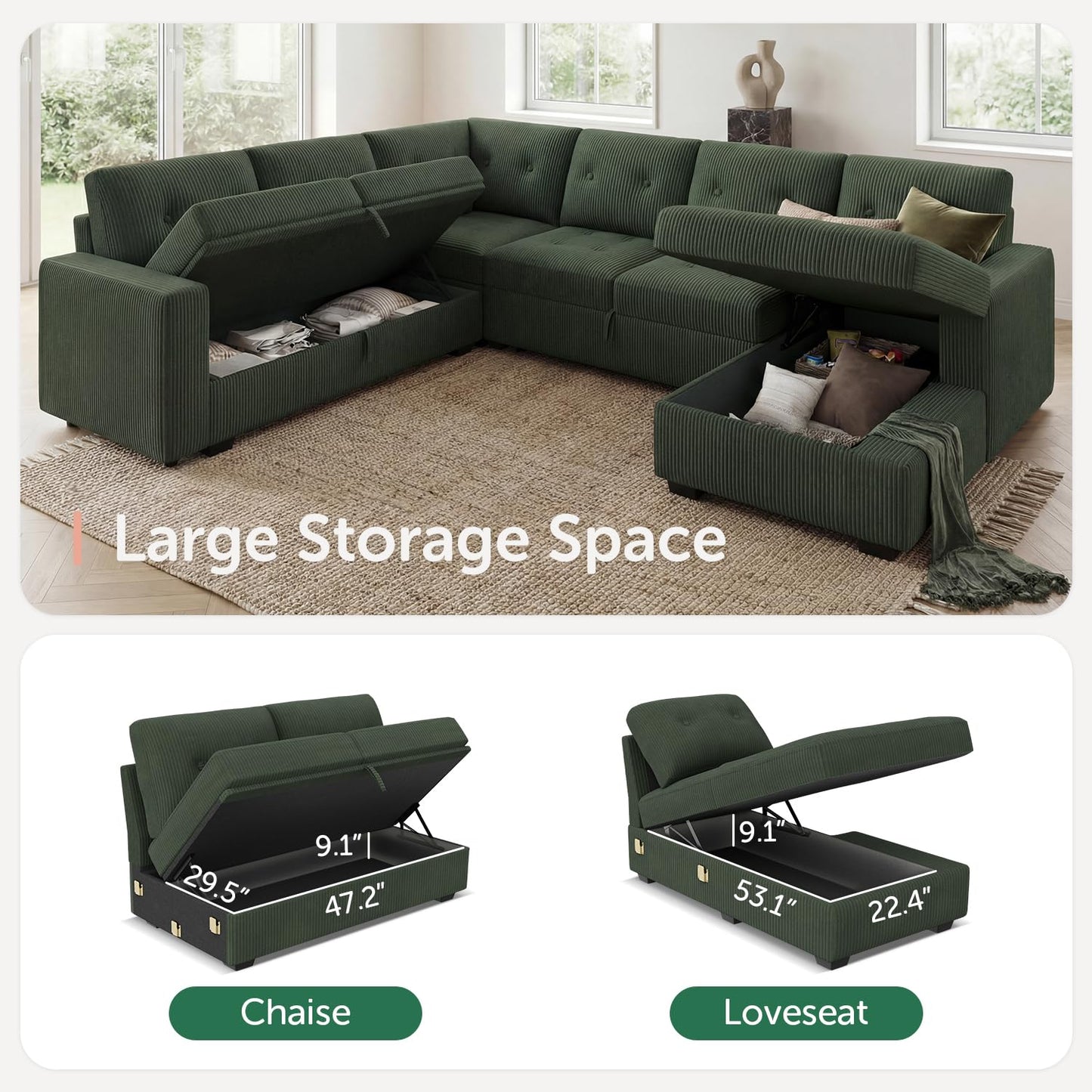 HONBAY Sectional Sleeper Sofa Bed with Storage Chaise, Sleeper Sectional Pull-Out Sofa, Sectional Sleeper Couch for Living Room, Velvet Green