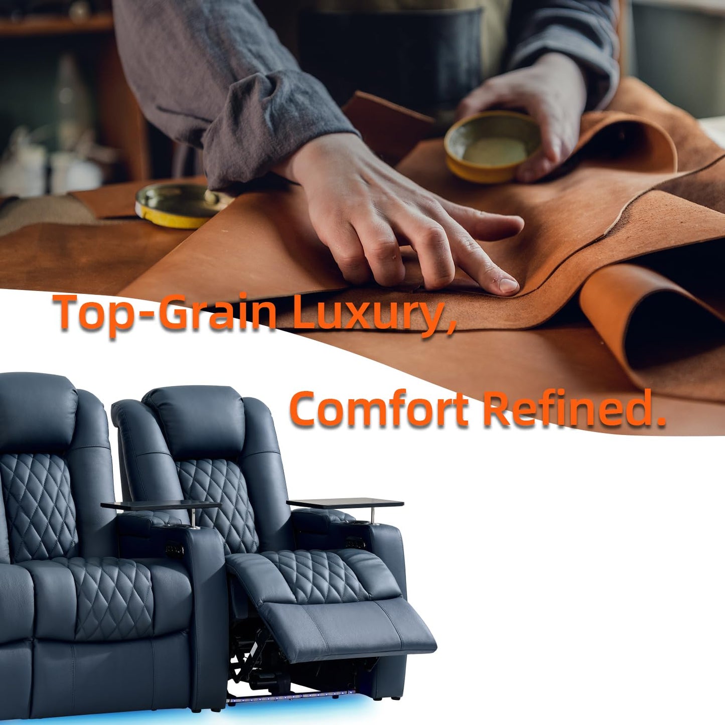 comfiroom Home Theater Seating Classic Series Top Grain Leather Loveseat Recliner Chair Dual Power Movie Theater Chairs Gaming Sofa Electric Headrest with Tray Table (Blue, Row of 4 Loveseat Right)