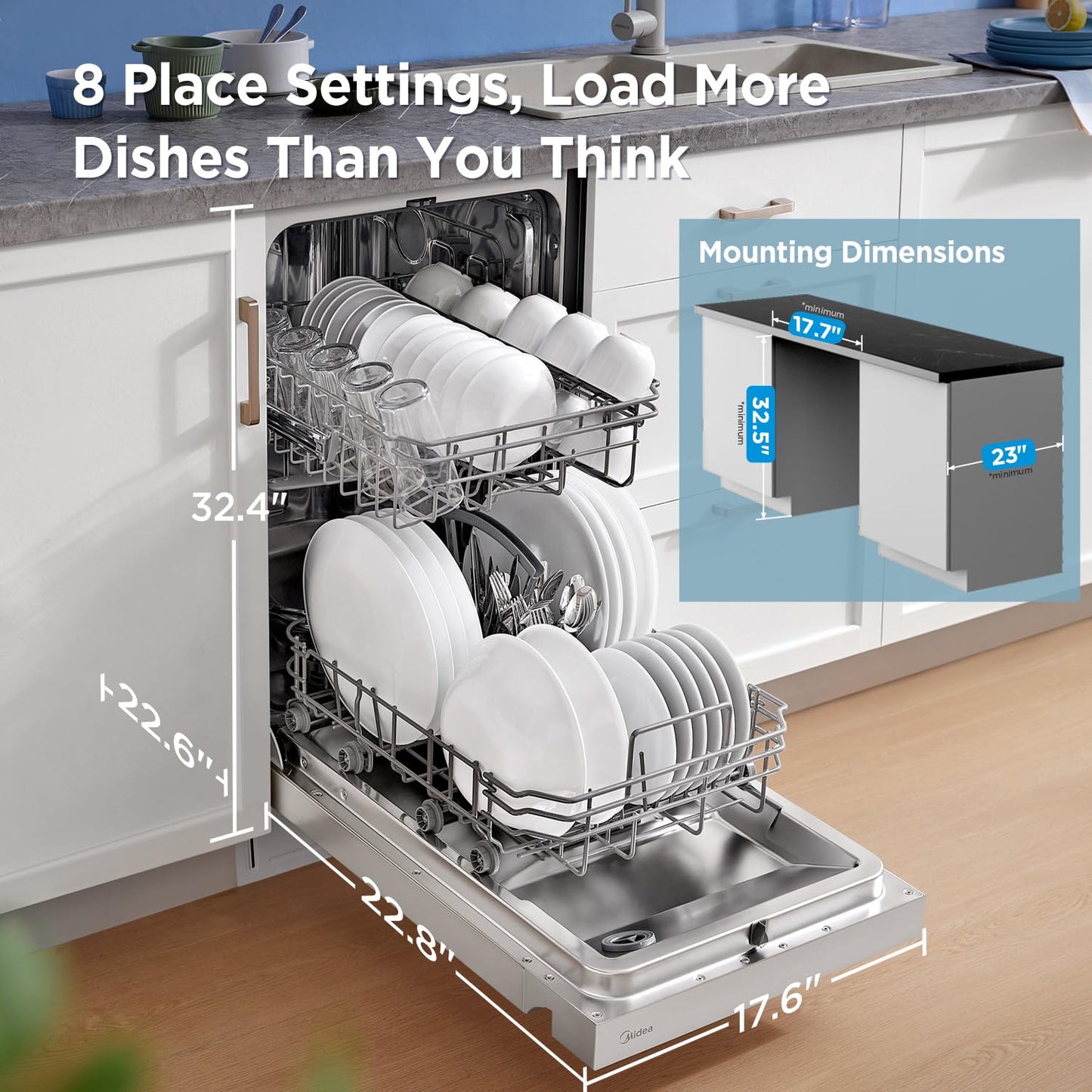 Midea 18 Inch Built-in Dishwasher, Slim Space-Saving Design with Stainless Steel Tub, 8 Place Settings & 6 Washing Programs, Energy Star Certified Dishwasher with Heated Dry & High-Temp Wash, White