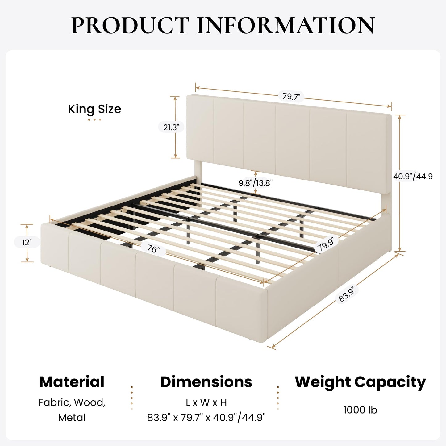 SHA CERLIN King Size Bed Frame, Dutch Velvet Upholstered Platform Bed, Vertical Channel Tufted Adjustable Headboard, Low Profile Bed Frame, No Box Spring Needed, Easy Assembly, Cream