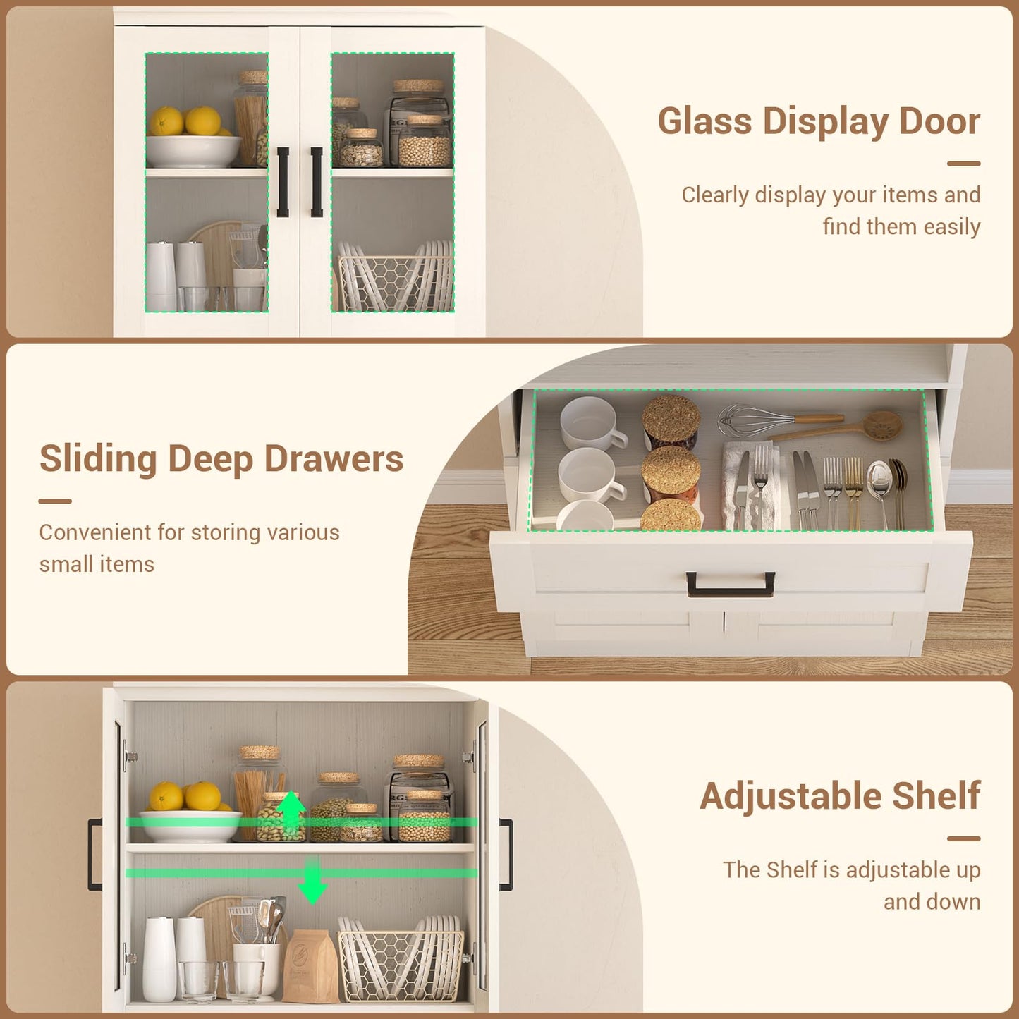 Unikito 79.7" Tall Kitchen Pantry Storage Cabinet, Freestanding Kitchen Hutch Cabinet with Glass Door, Adjustable Shelves and Drawer, Display Bookcase for Living Room, Dining Room, Bathroom, White