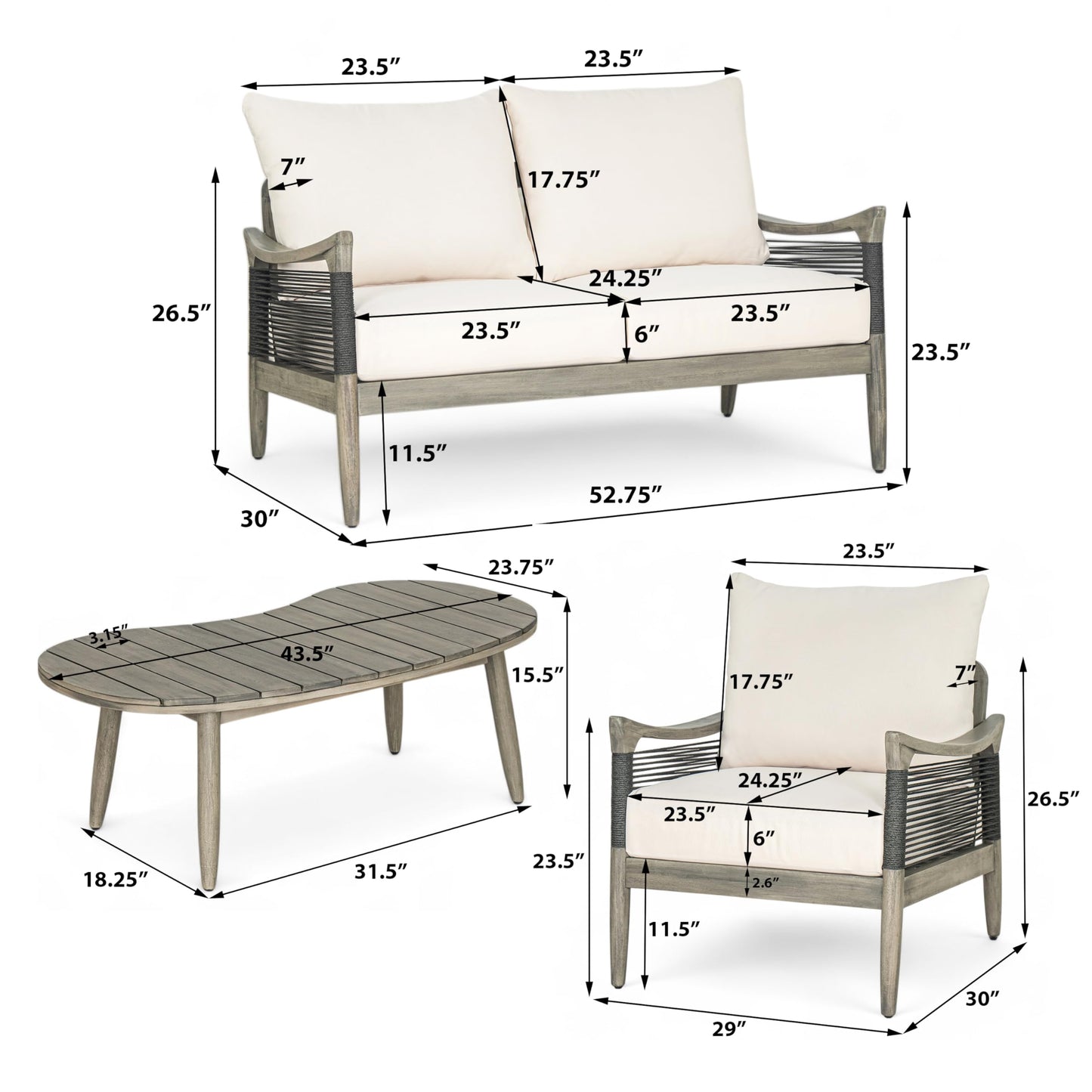 Christopher Knight Home Havets 4 Piece Patio Conversation Sets, Outdoor Acacia Wood Patio Seating Group,Woven Rope Loveseat Chairs with Cushions and Coffee Table for Porch Backyard Balcony, Gray+Beige