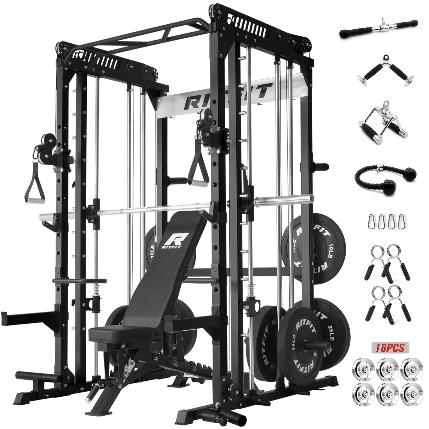 RitFit M1 Pro SmithMachine with Cable Crossover System, Multi-Function Squat Rack Power Cage for Home Gym, Power Rack and Packages Black（bp260 Package）