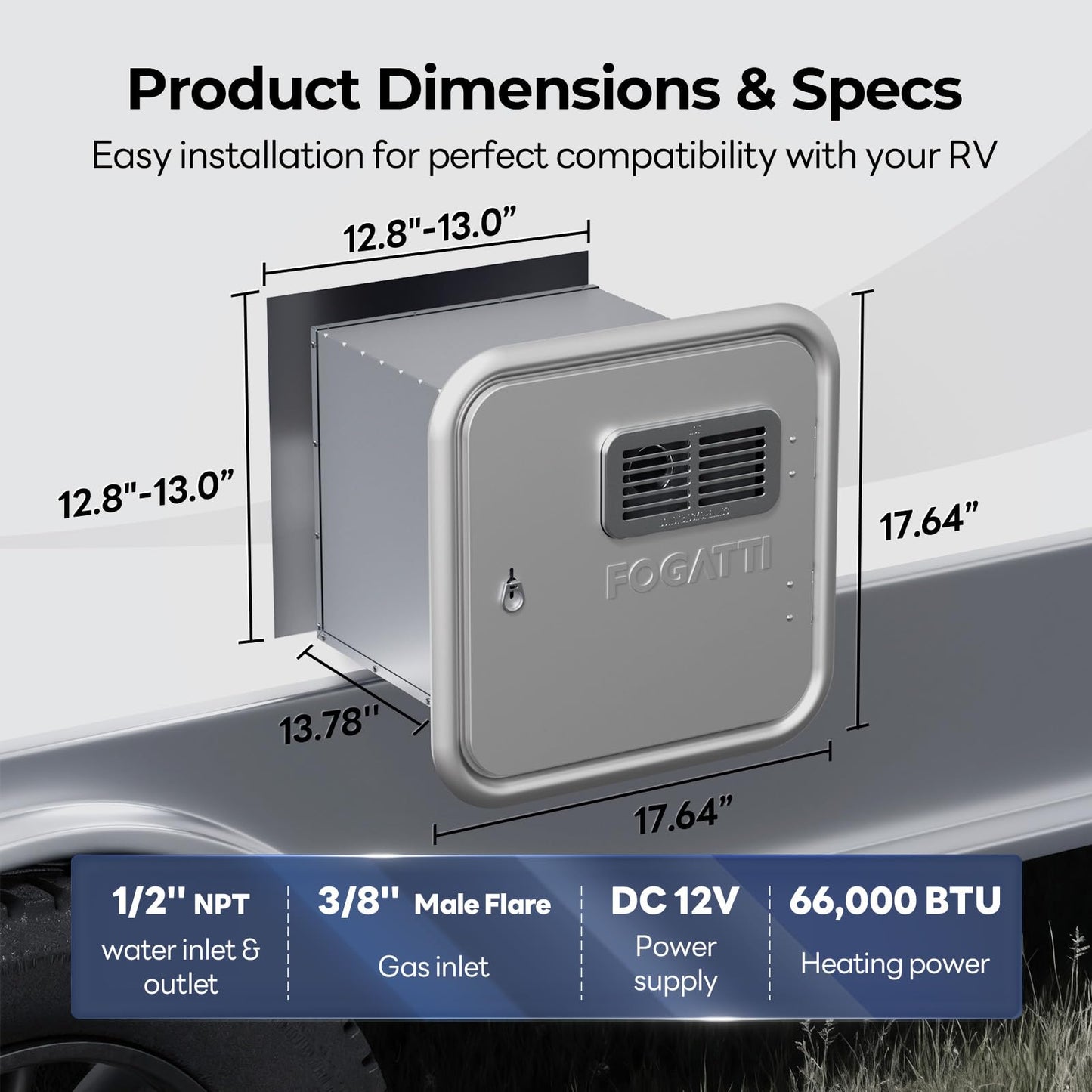 FOGATTI InstaShower Ultra RV Tankless Water Heater, 66,000 BTU (Highest Output), 0.5-3.9 GPM Energy Efficiency, Built-in Mixing Tank, 15x15 Inches Gray Door, Ideal for RVers' Everyday Use, Gen 3